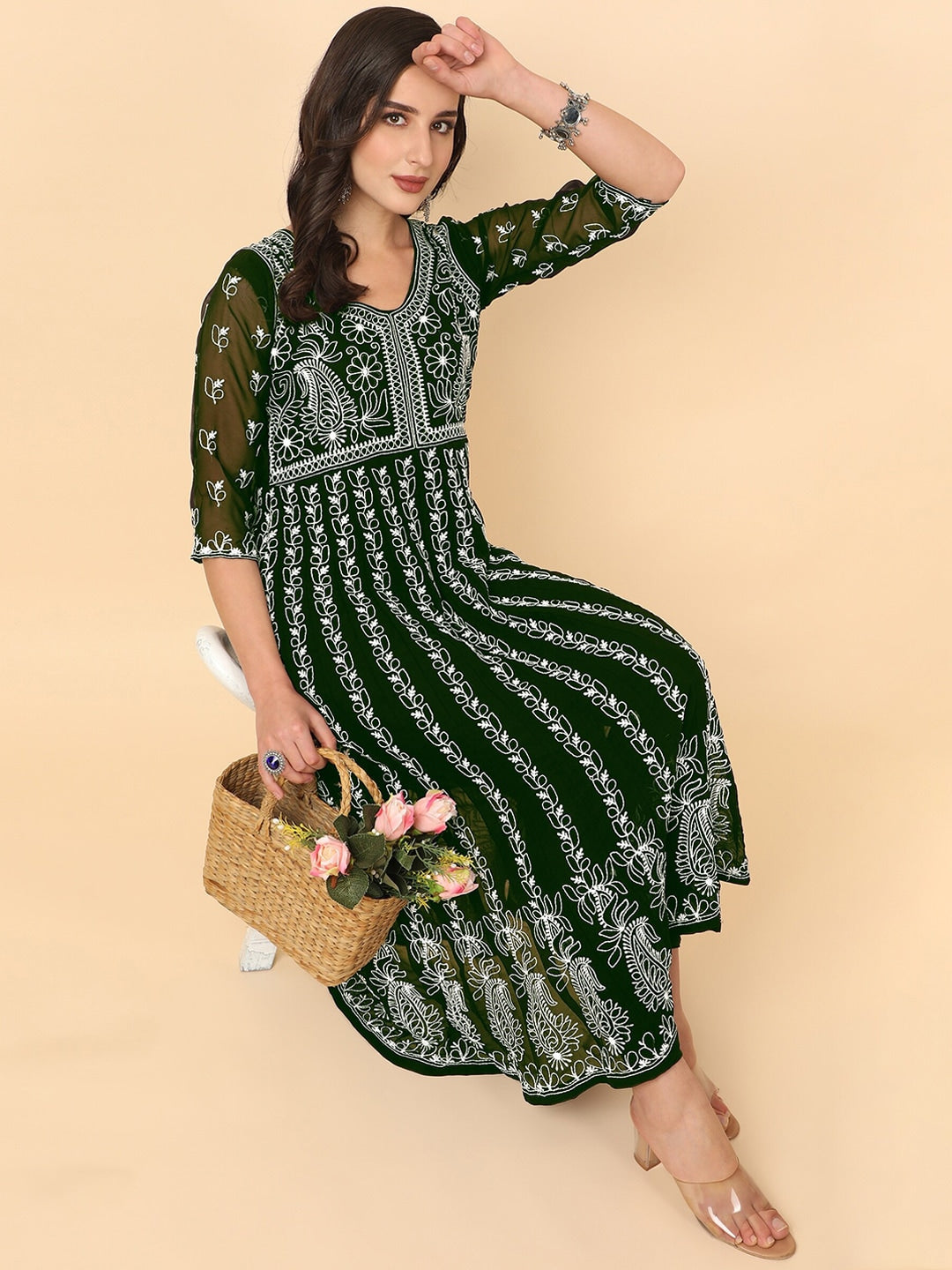 HERE&NOW Chikankari Embroidered Thread Work Georgette Anarkali Kurta | Swadesiicart