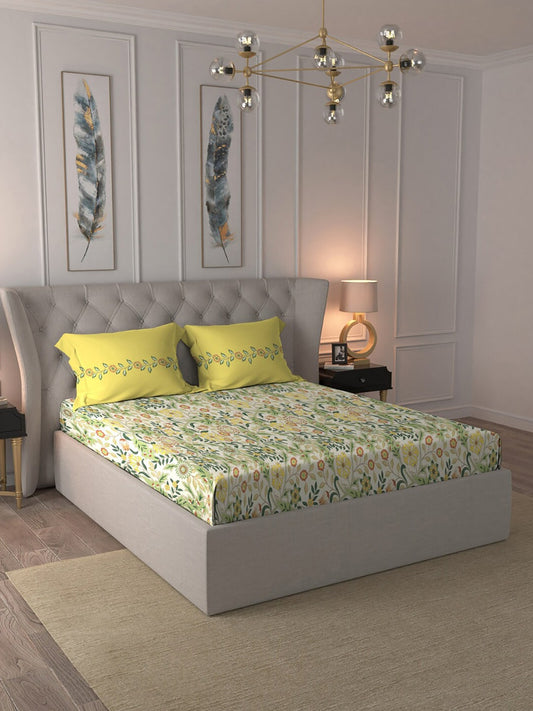 MYTRIDENT Beige White Floral Pure Cotton 144 TC Queen Bedsheet With 2 Pillow Covers - Swadesiicart