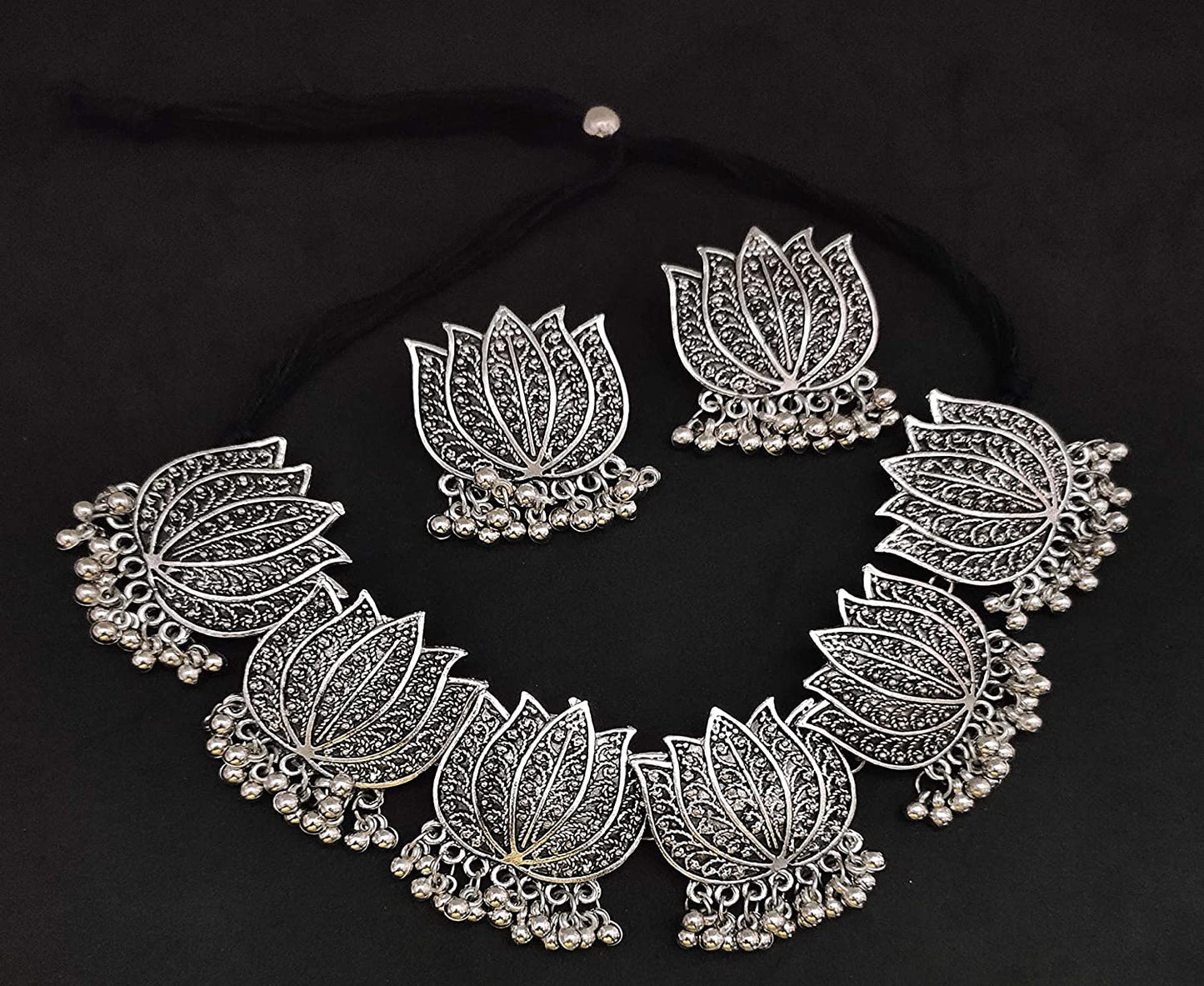 Silver-Plated Alloy Oxidised Lotus Petals Necklace - The Pari | Swadesiicart