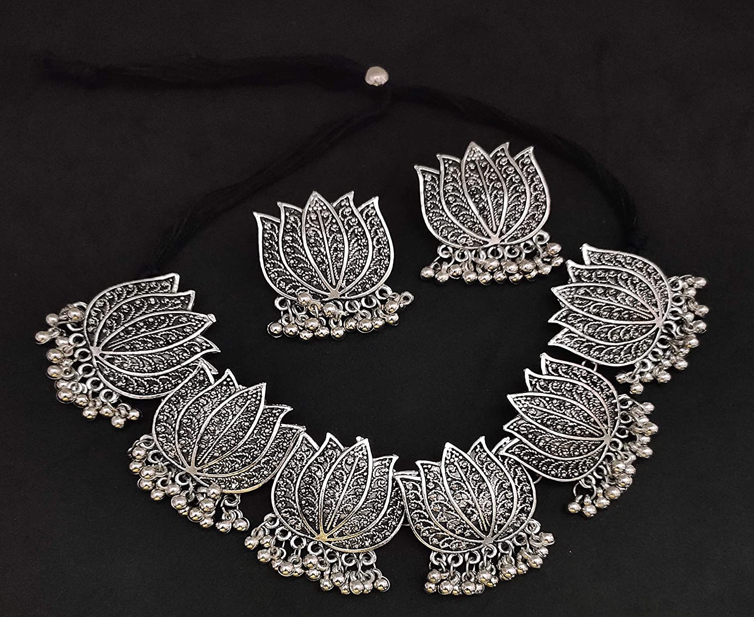 Silver-Plated Alloy Oxidised Lotus Petals Necklace - The Pari | Swadesiicart