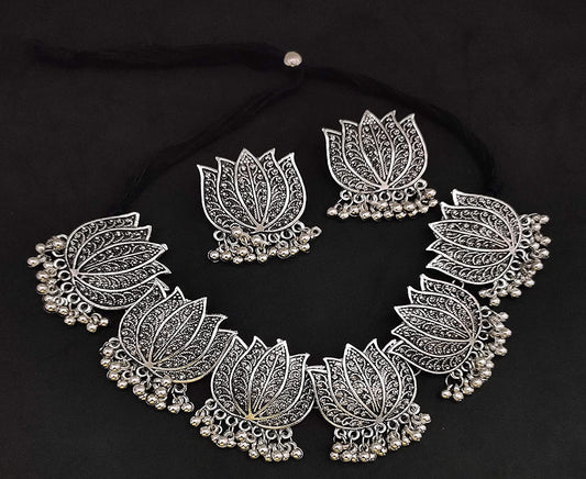 Silver-Plated Alloy Oxidised Lotus Petals Necklace - The Pari | Swadesiicart
