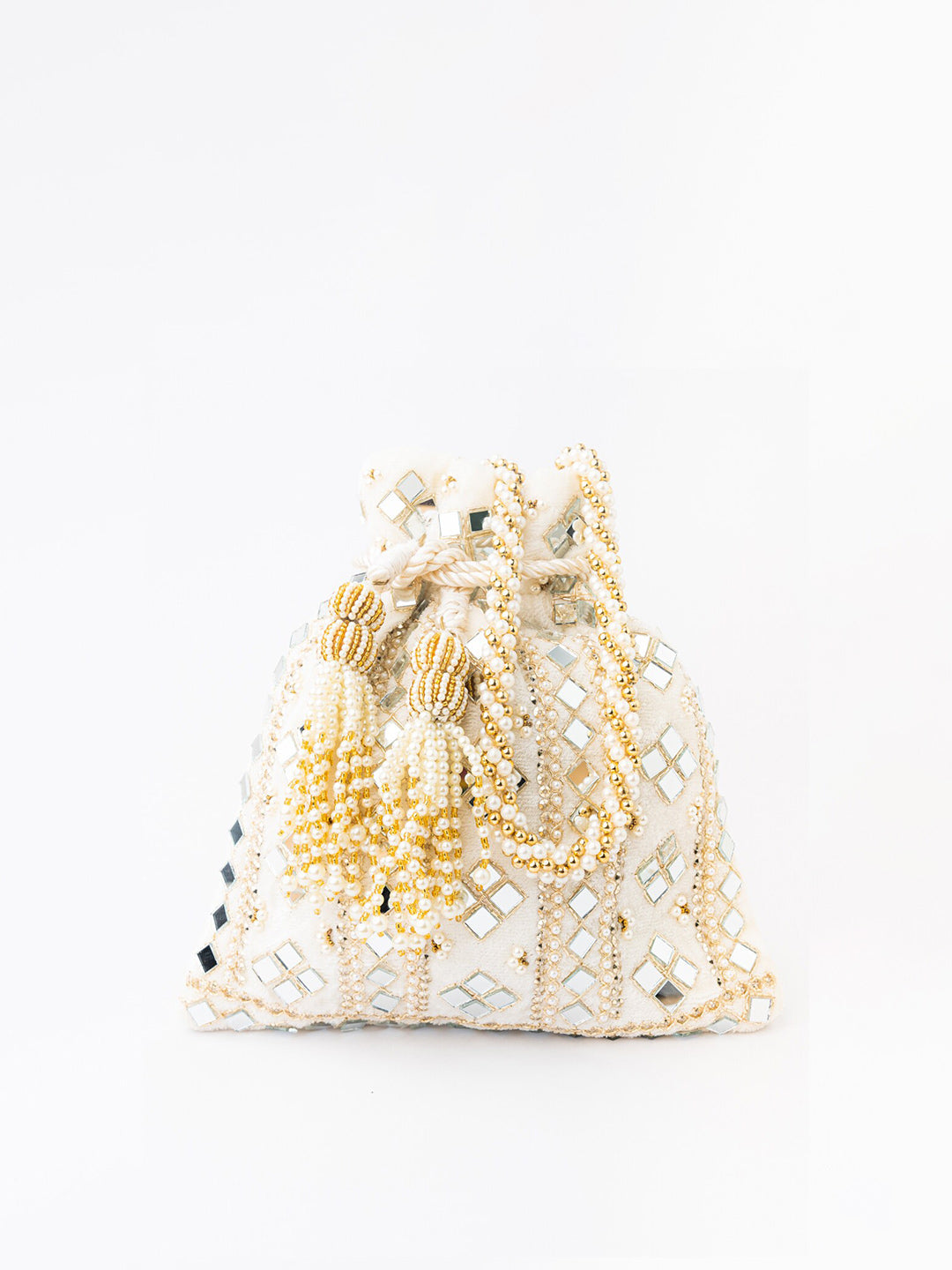 NR By Nidhi Rathi White Mirror Work Embroidered Potli Clutch - Swadesiicart
