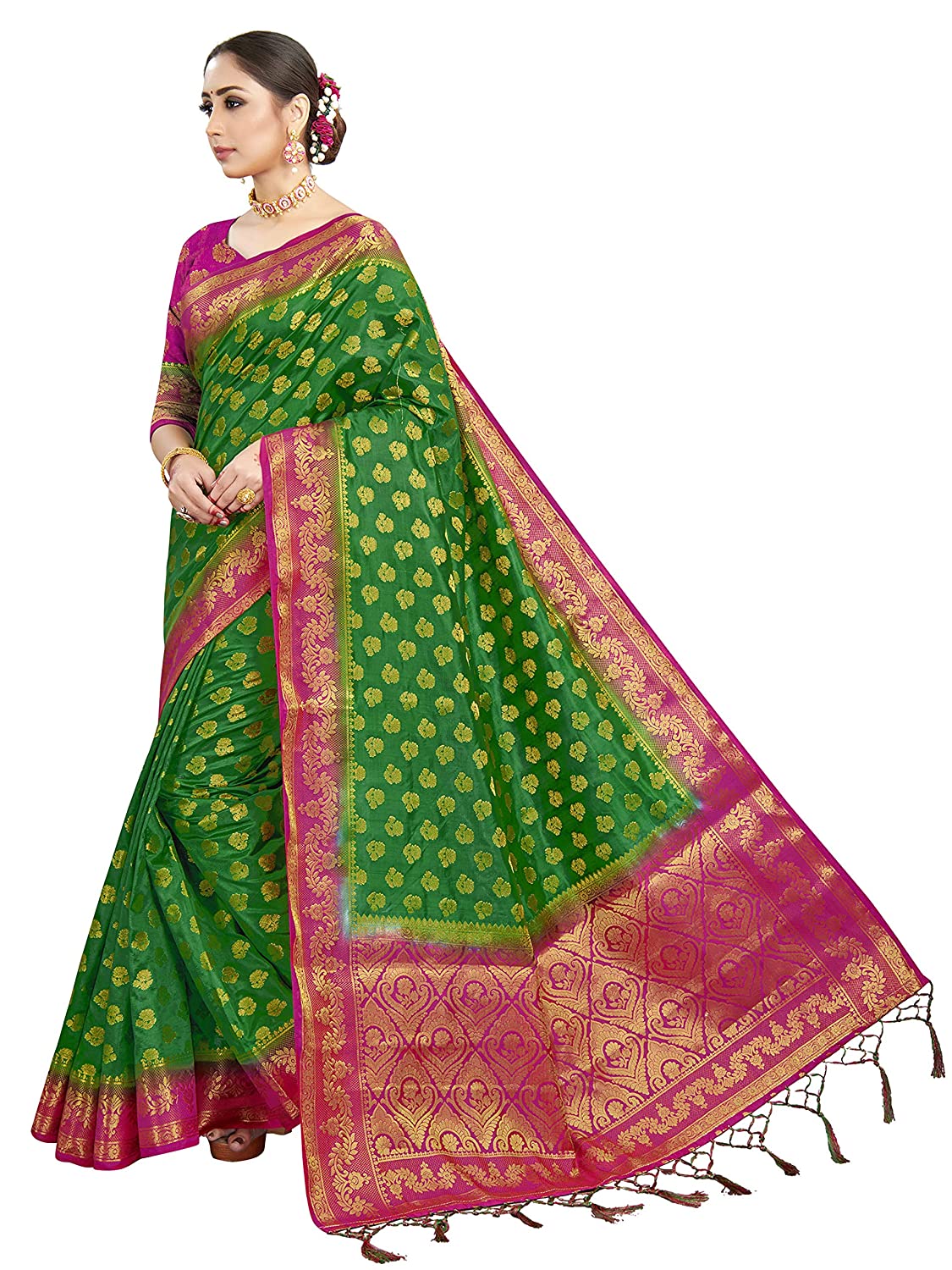 Vardha Women's Green Woven Raw Silk Banarasi Saree | Swadesiicart