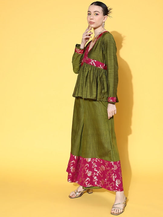 InWeave Women's Olive Pink Brocade Mughal Shaan Kurta Palazzo Set - Swadesiicart