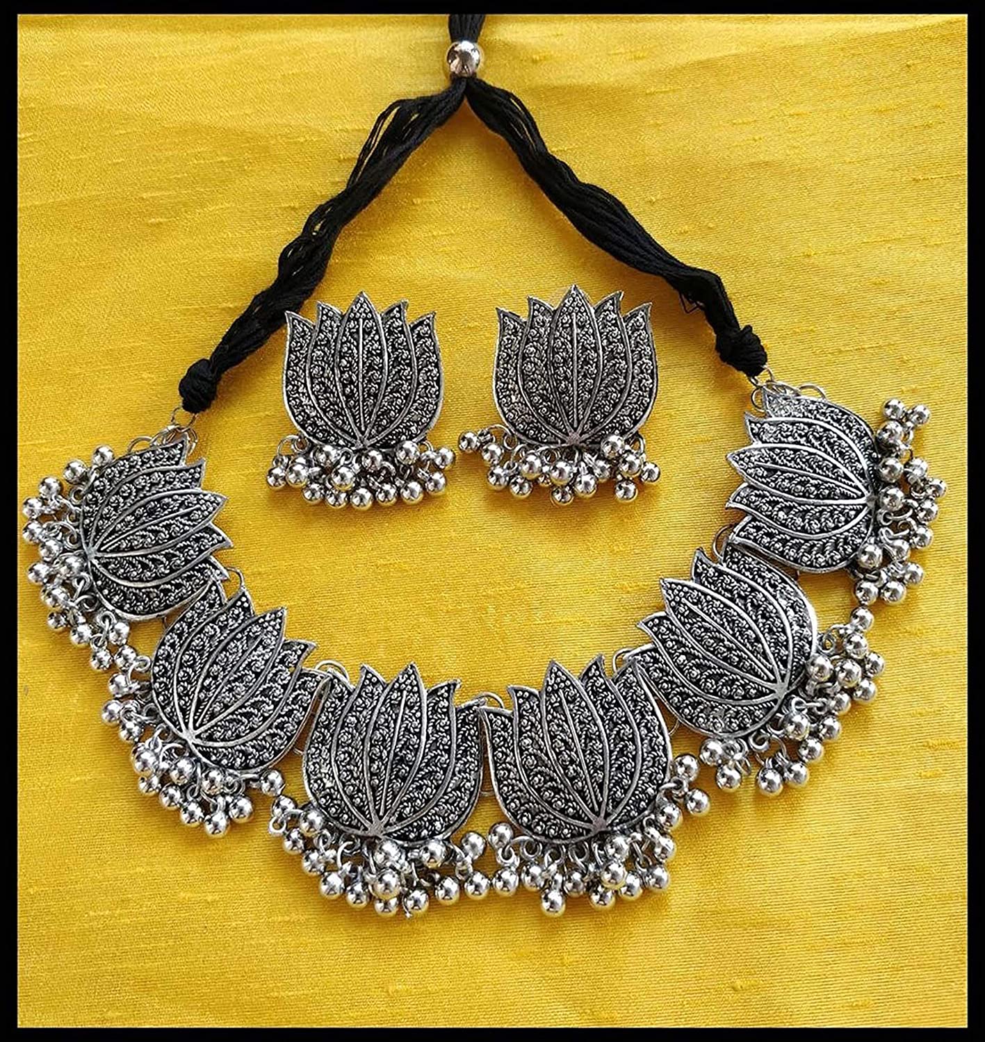 Silver-Plated Alloy Oxidised Lotus Petals Necklace - The Pari | Swadesiicart