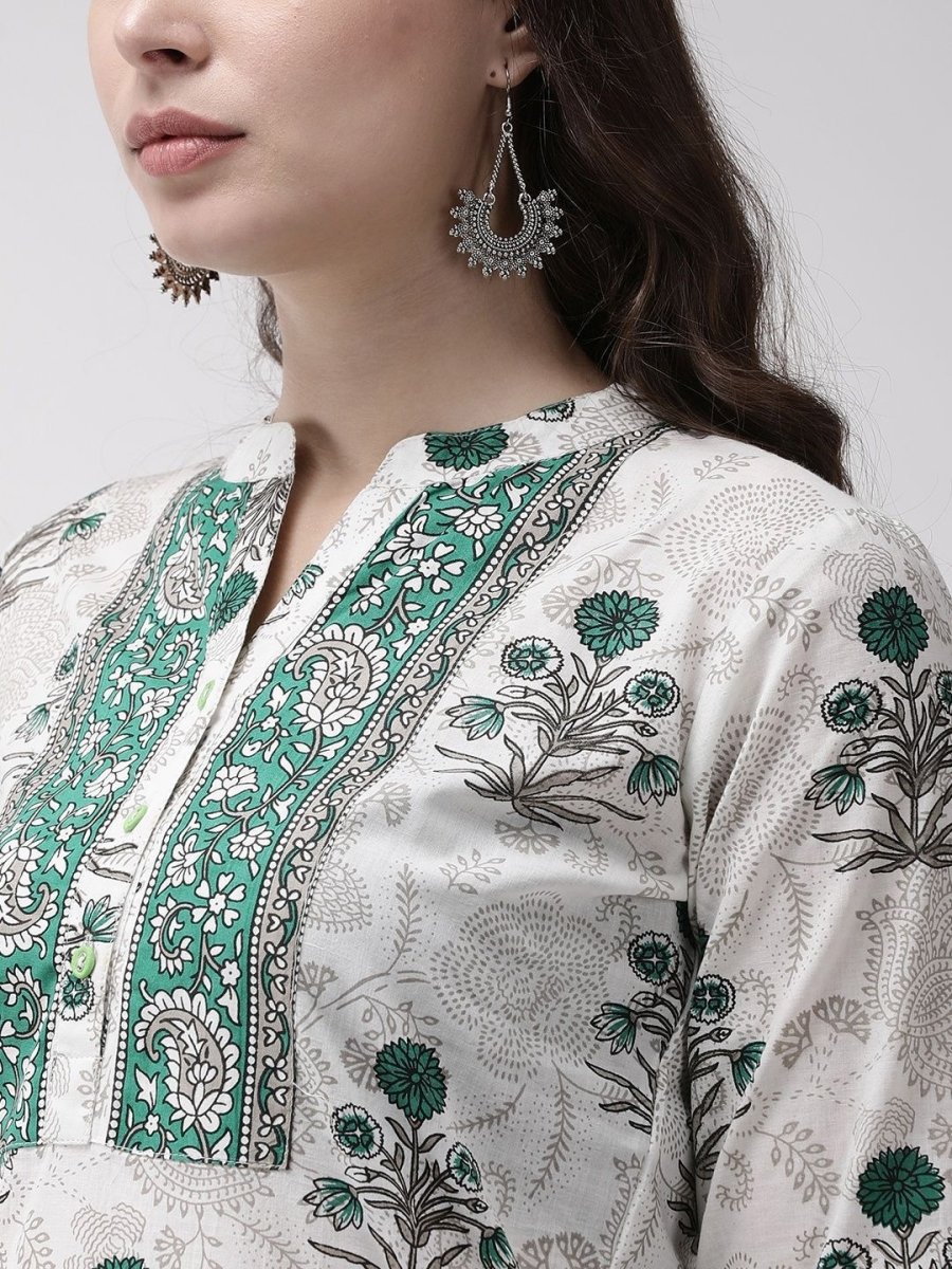 Anouk Off White Ethnic Motifs Printed Mandarin Collar Cotton Straight Kurta - Swadesiicart