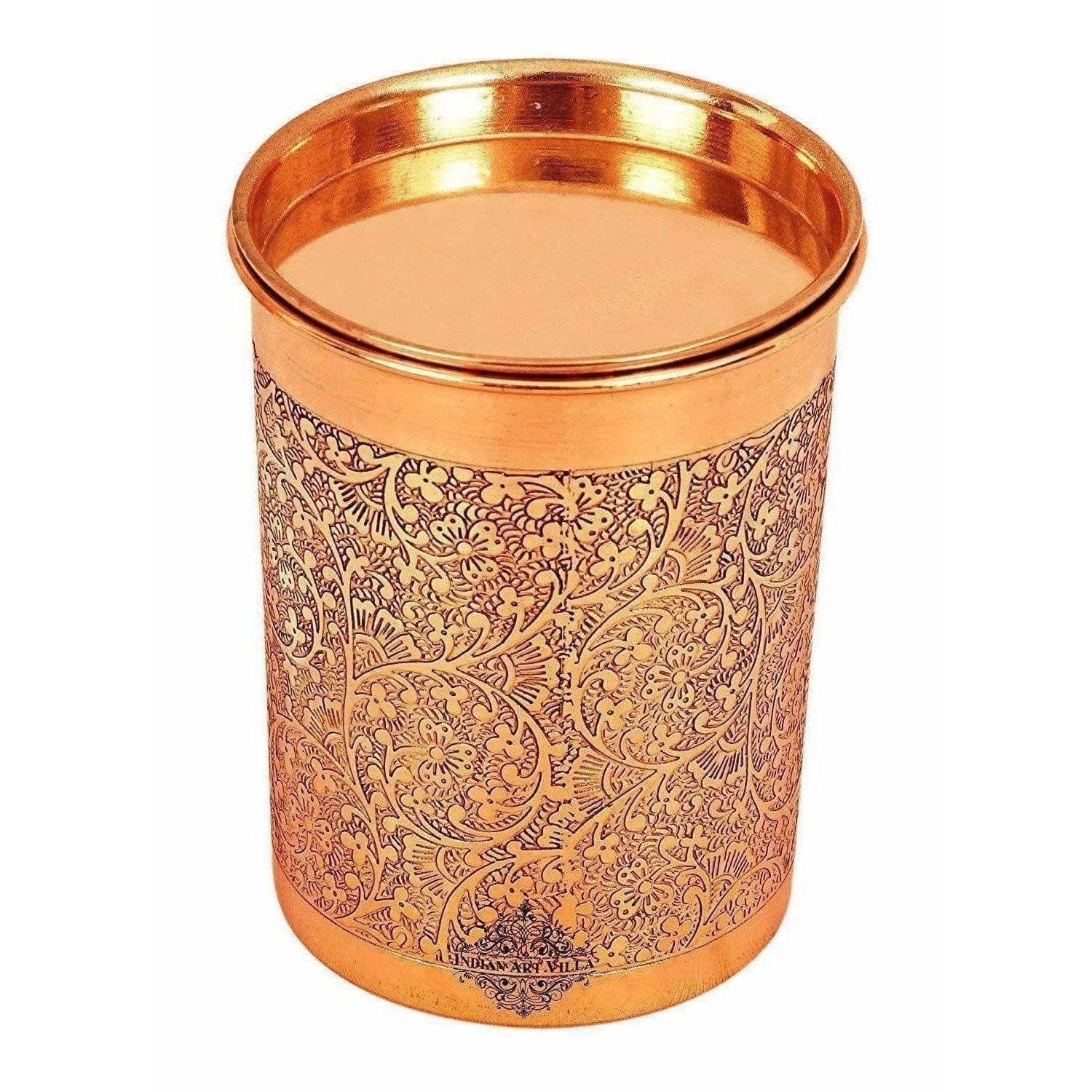Copper Glass Tumbler with Lid Embossed Design - Swadesiicart