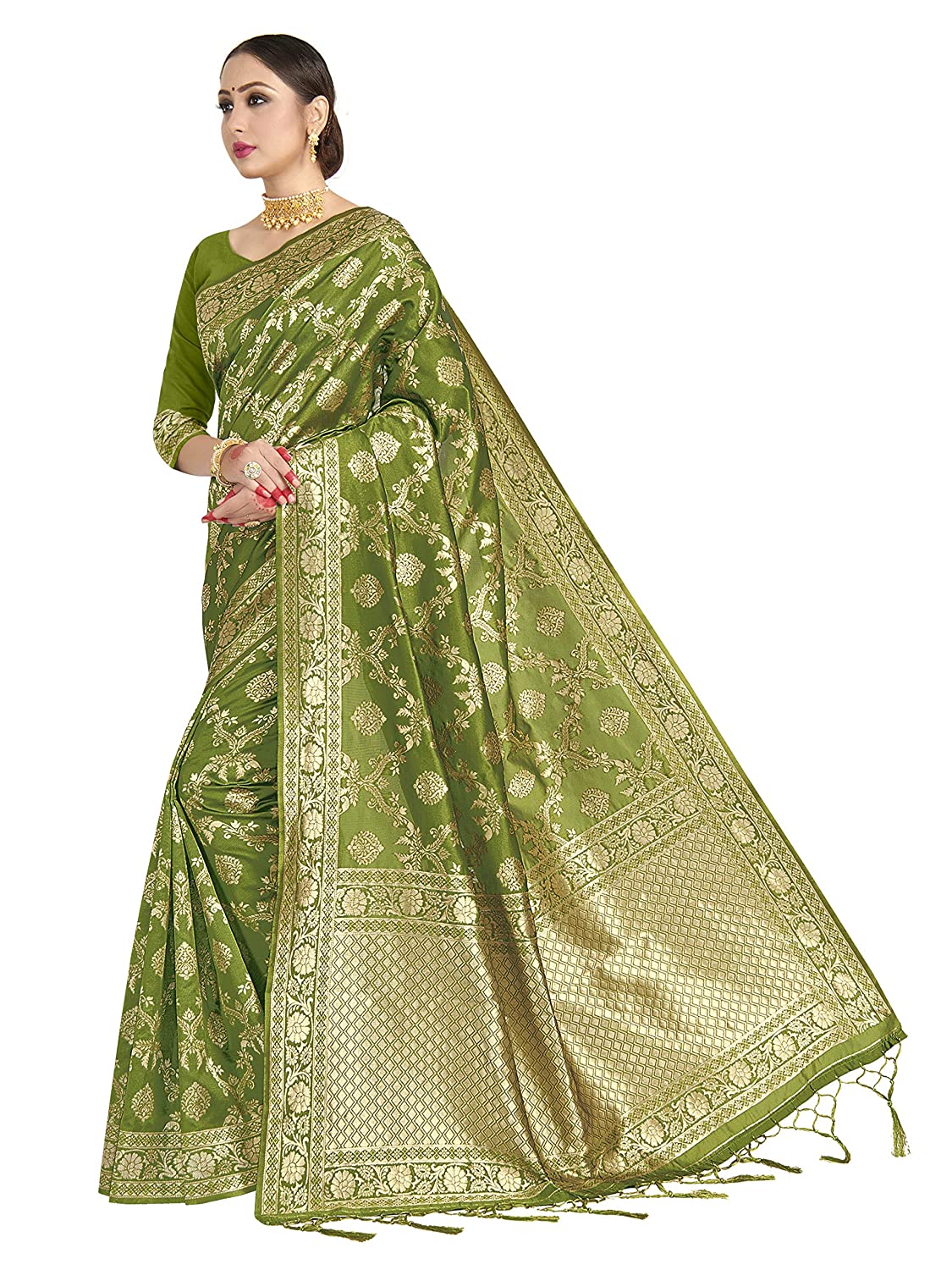 Vardha Women's Olive Green Banarasi Art Silk Saree | Swadesiicart