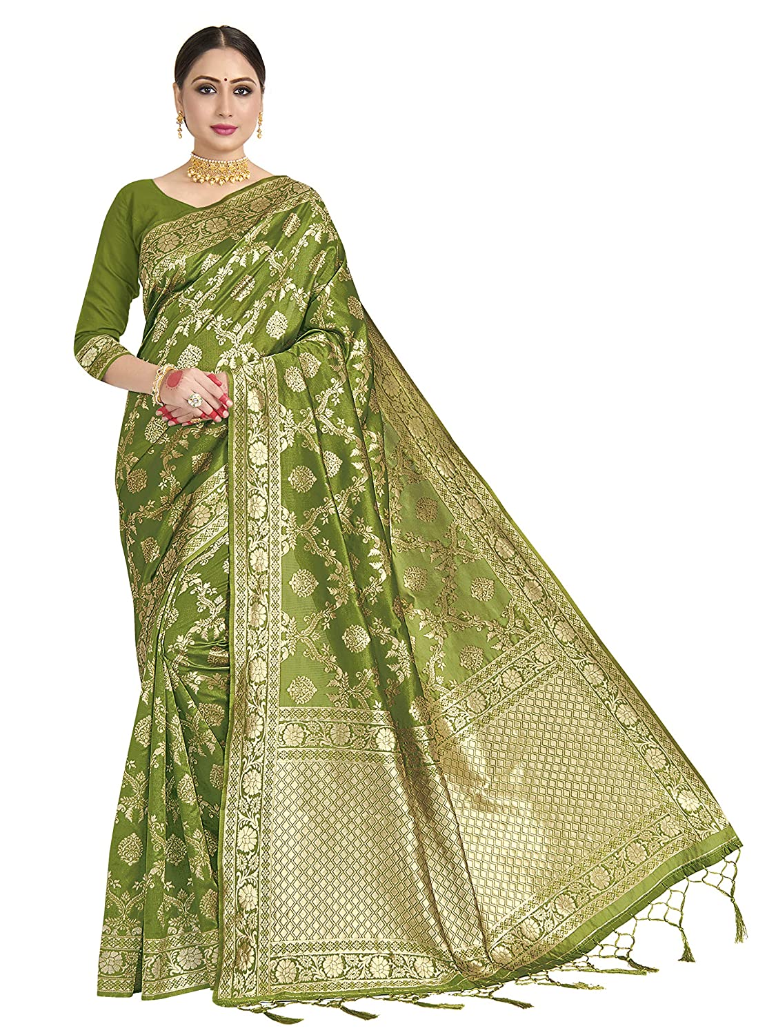 Vardha Women's Olive Green Banarasi Art Silk Saree | Swadesiicart