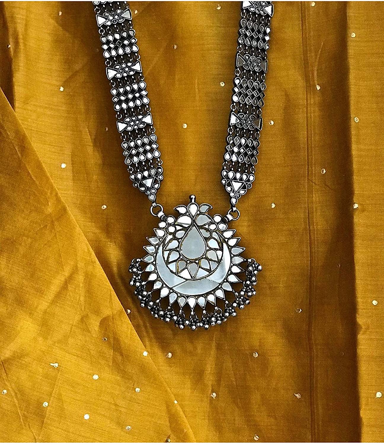Silver-Plated Alloy Long Kundan Studded Silver Oxidised Necklace - The Pari | Swadesiicart