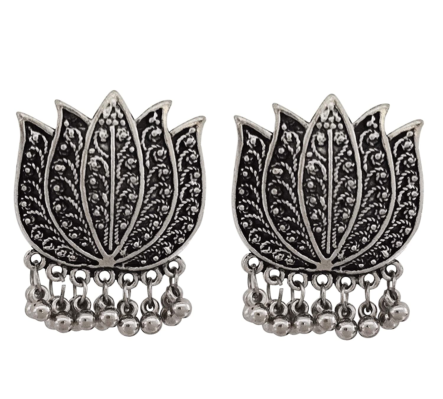 Silver-Plated Alloy Oxidised Lotus Petals Necklace - The Pari | Swadesiicart