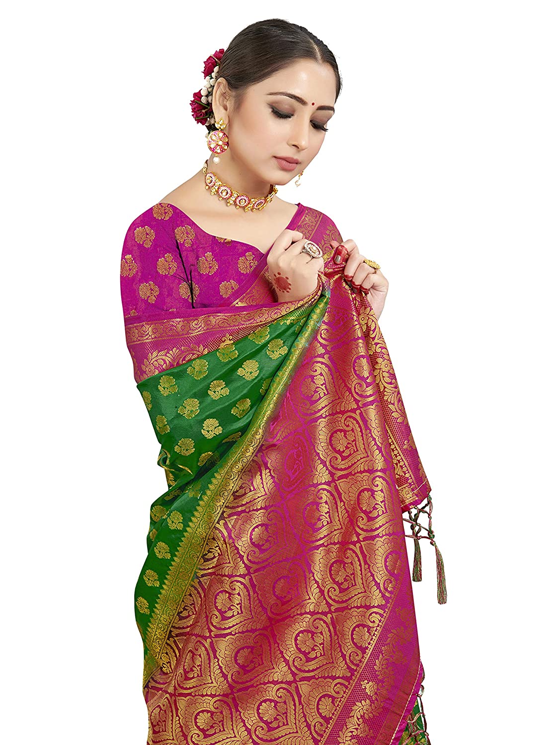 Vardha Women's Green Woven Raw Silk Banarasi Saree | Swadesiicart