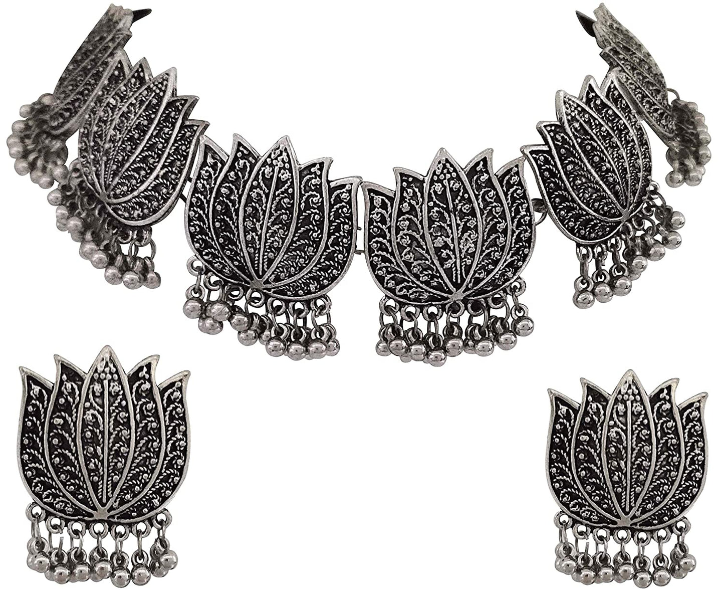 Silver-Plated Alloy Oxidised Lotus Petals Necklace - The Pari | Swadesiicart