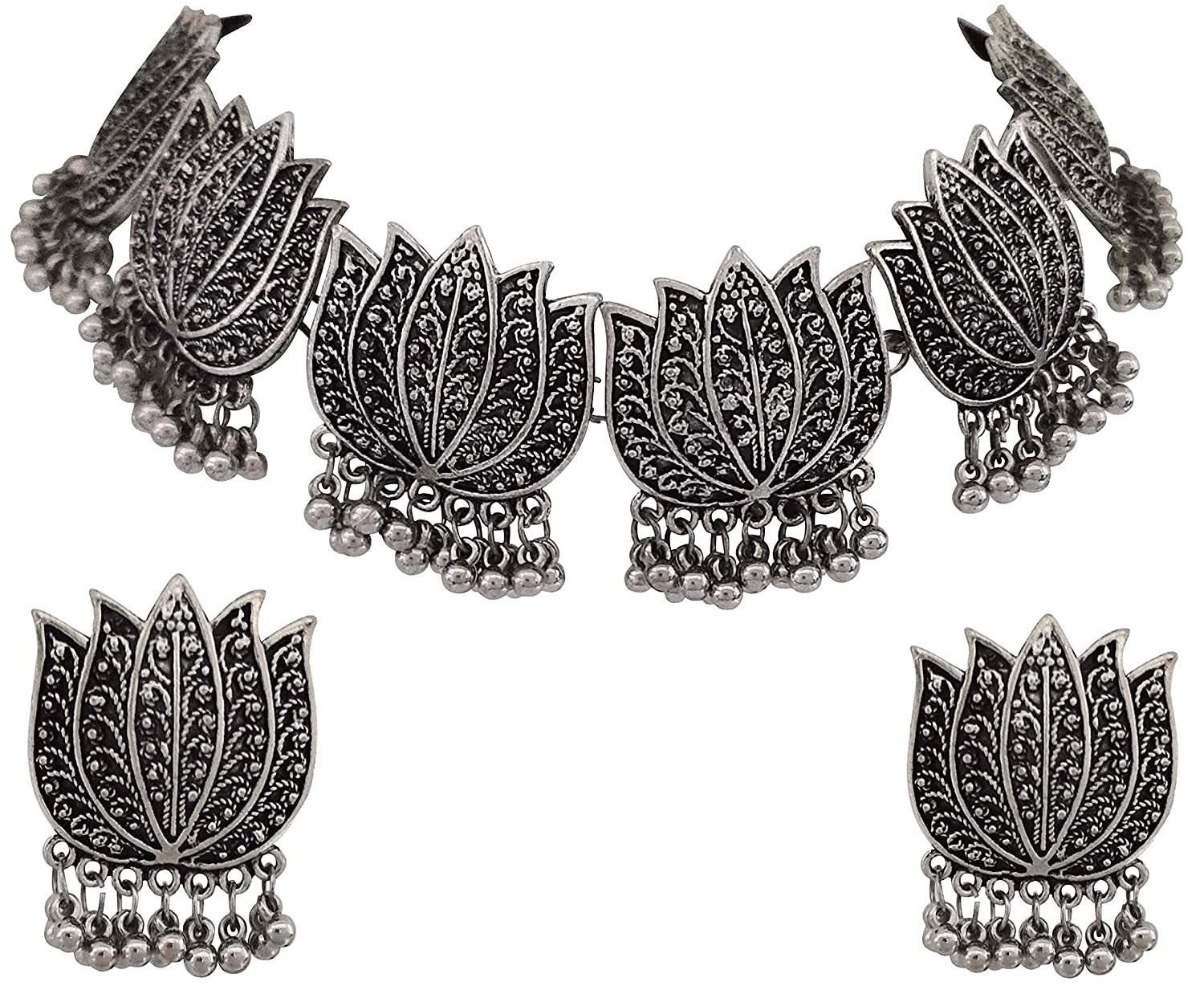 Silver-Plated Alloy Oxidised Lotus Petals Necklace - The Pari | Swadesiicart