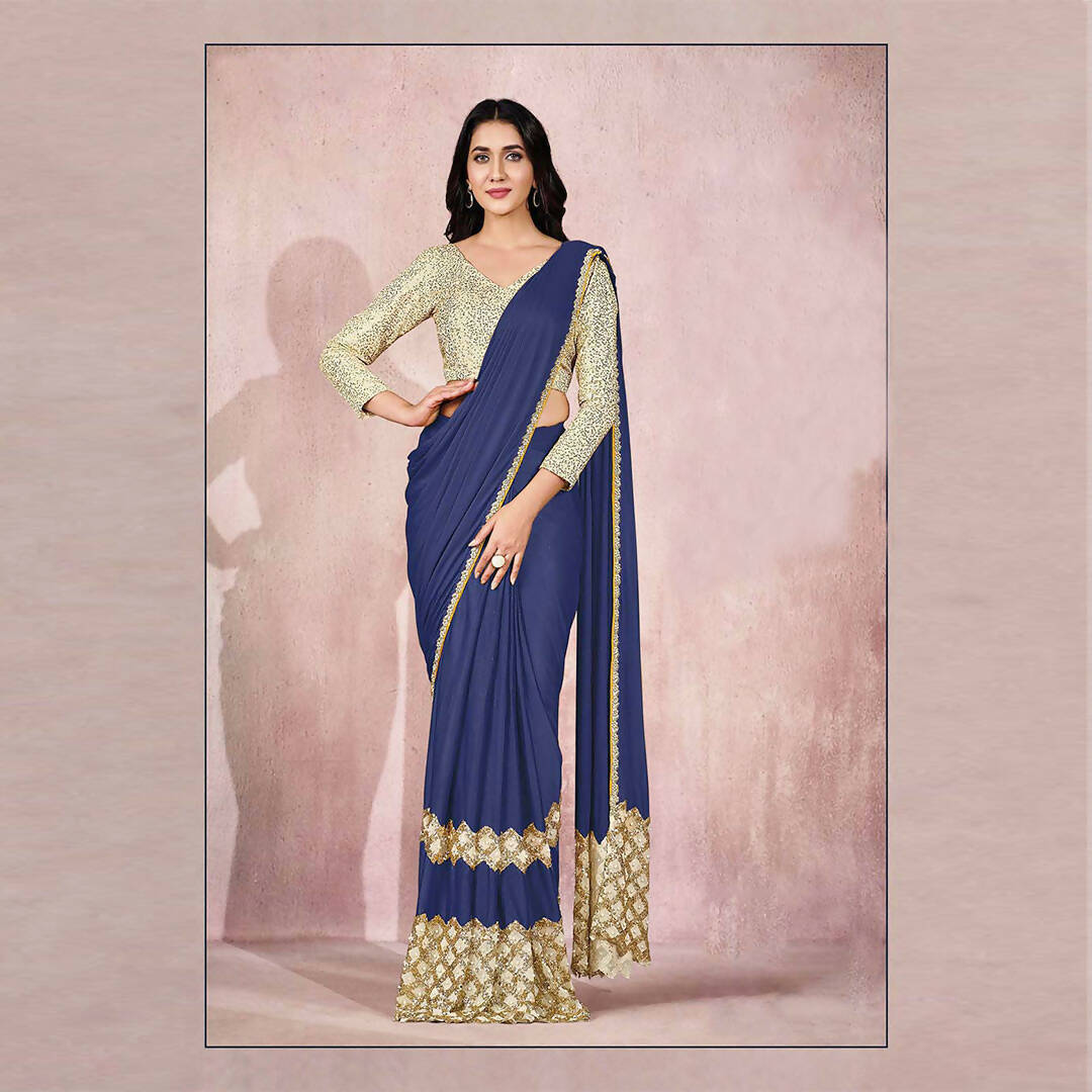 Blue Lycra Embroidery Designer Saree With Blouse - Mohmanthan Sitaarah