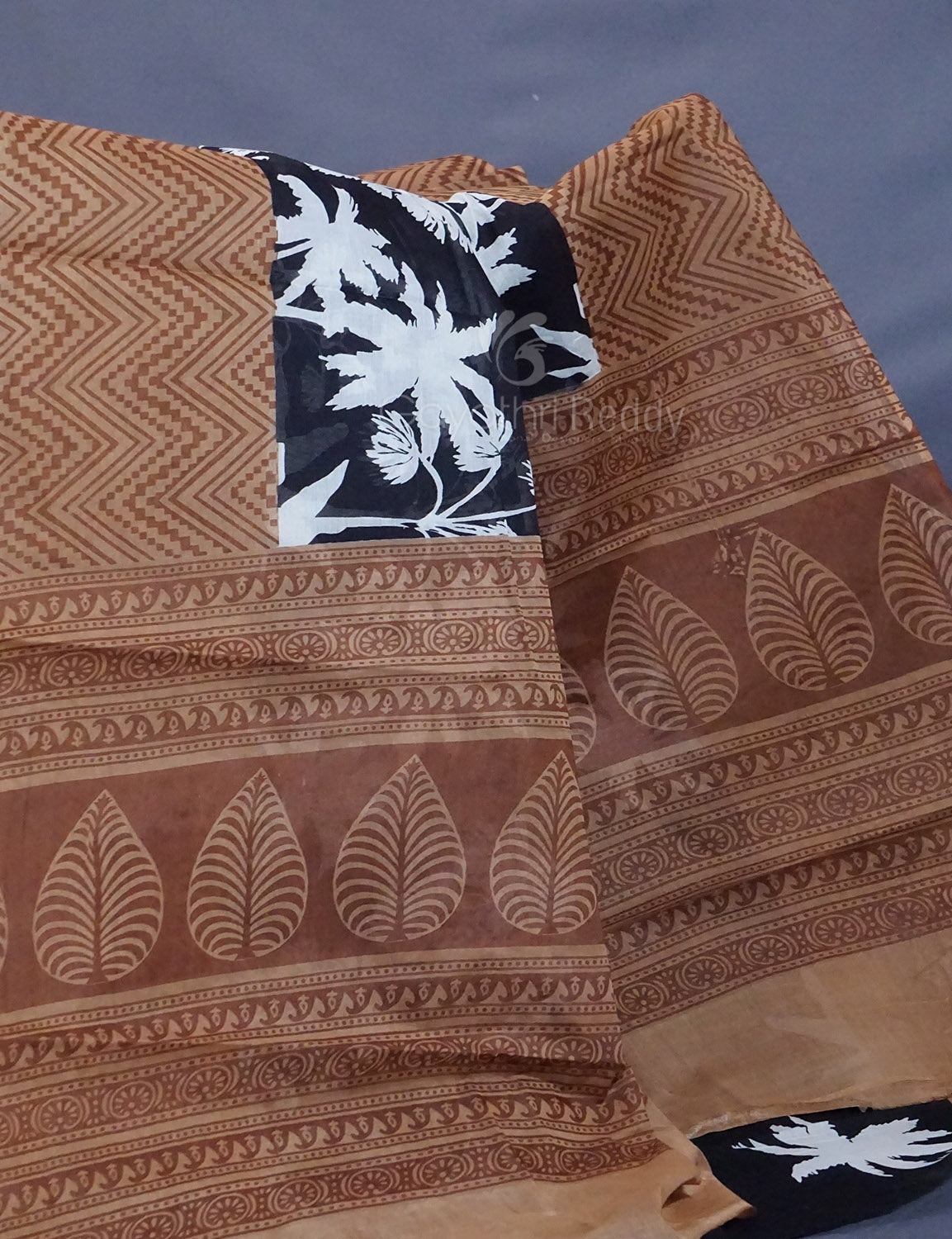 Black And Chikoo Colour Block Print Pure Mulmul Cotton Saree By Gayathri Reddy Designer Studio | Swadesiicart