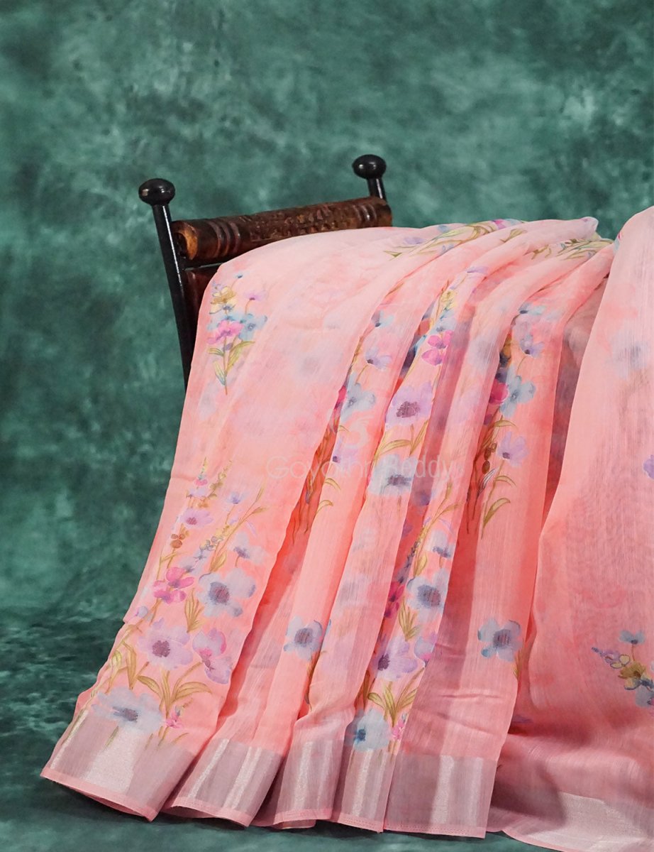 Baby Peach Floral Print Semi Chanderi Saree By Gayathri Reddy Designer Studio | Swadesiicart