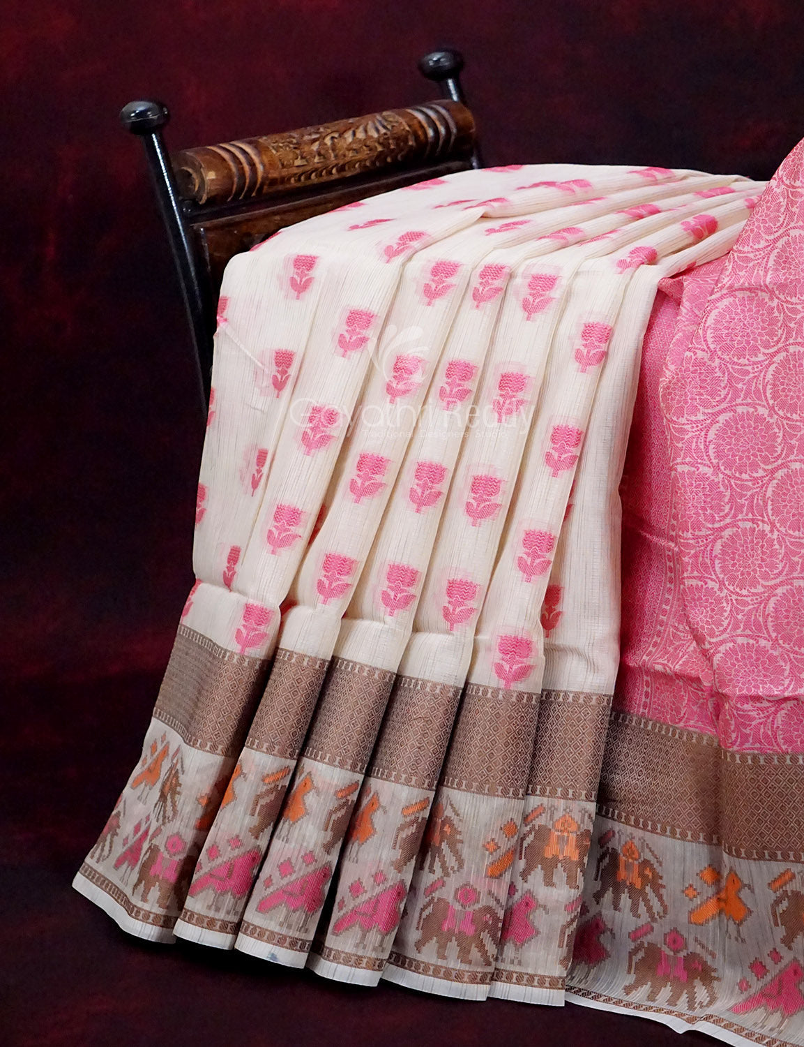 Combo of Cream and Pink with Floral Buttes Banarasi Munga Kota Saree By Gayathri Reddy Designer Studio | Swadesiicart