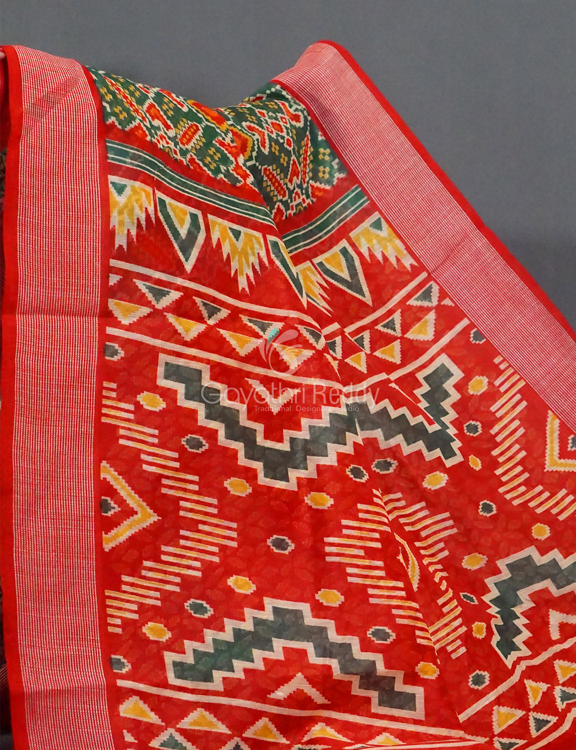 Combo of Parrot Green and Red Patola Print Semi Chanderi Saree By Gayathri Reddy Designer Studio | Swadesiicart