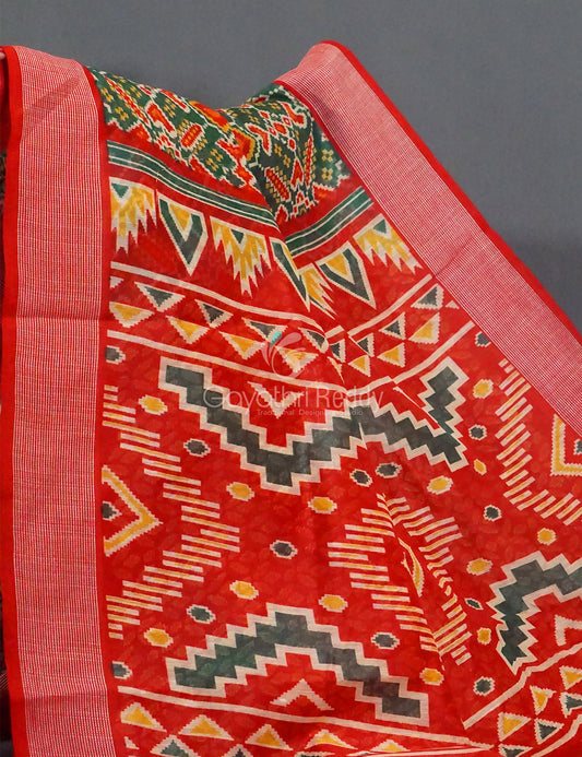 Combo of Parrot Green and Red Patola Print Semi Chanderi Saree By Gayathri Reddy Designer Studio | Swadesiicart