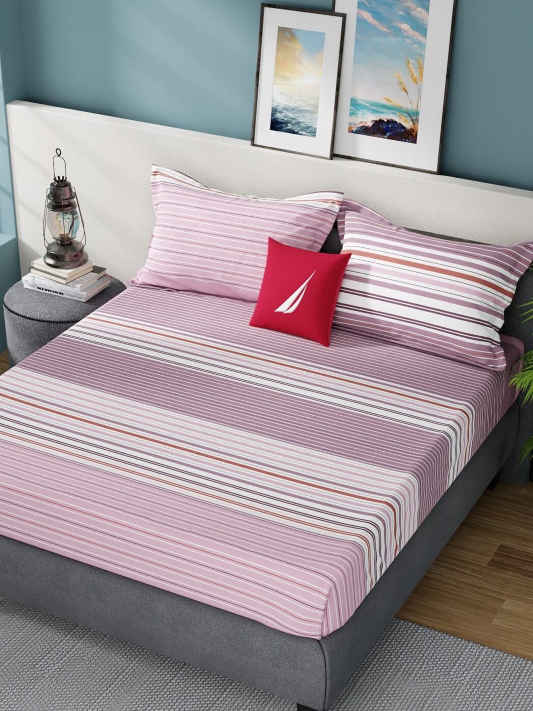 Nautica Bradford Pink & White Striped Cotton 160 TC King Bedsheet with 2 Pillow Covers - Swadesiicart