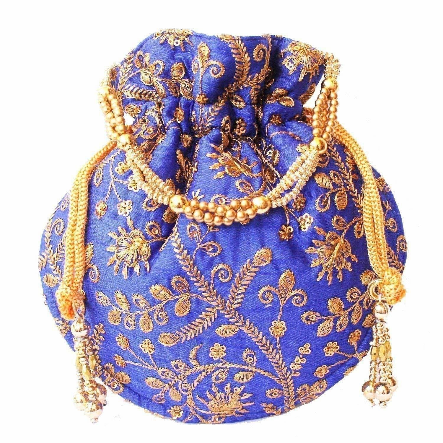 Ethnic Clutch Silk Potli Batwa Pouch Bag with Metal Bead work Gift - Swadesiicart