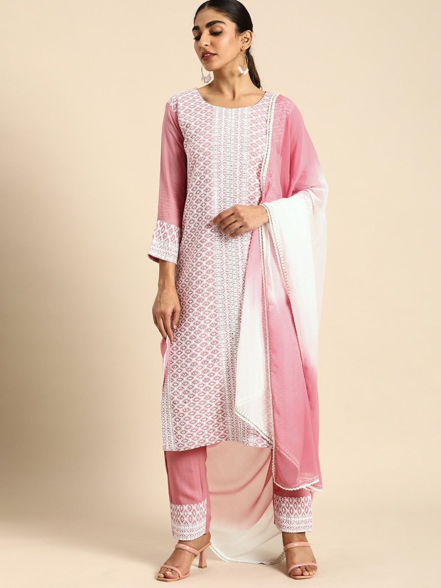 All About You Women Embroidered Chikankari Kurta With Trousers & With Dupatta | Swadesiicart