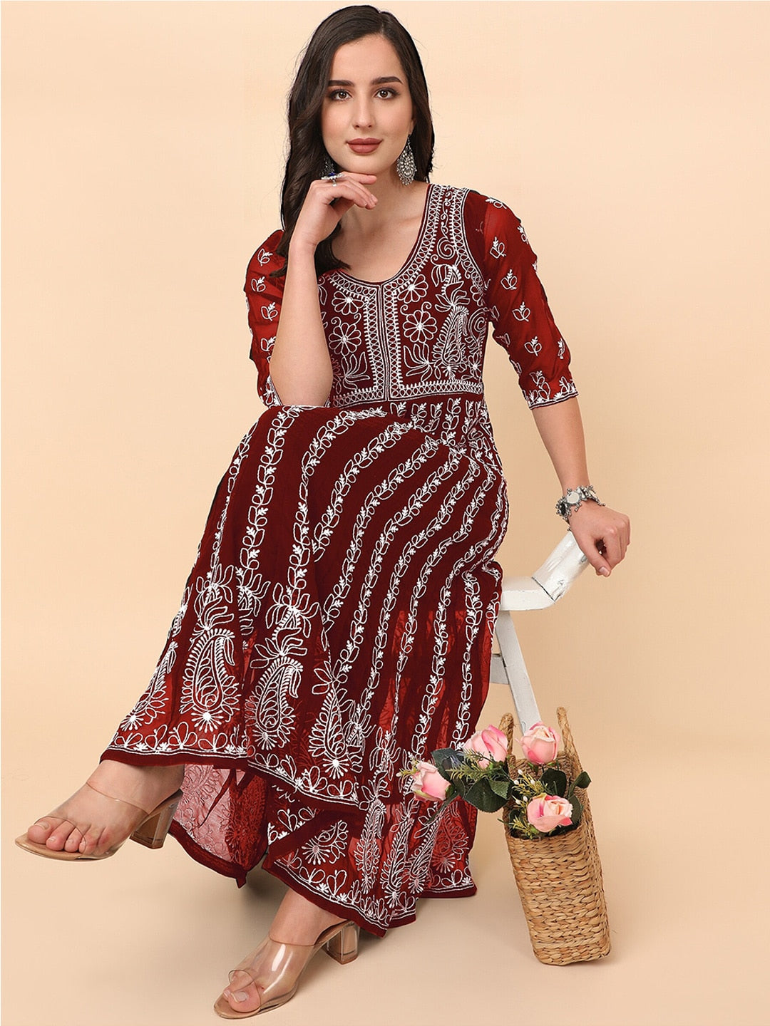HERE&NOW Scoop Neck Chikankari Embroidered Thread Work Georgette Anarkali Kurta | Swadesiicart