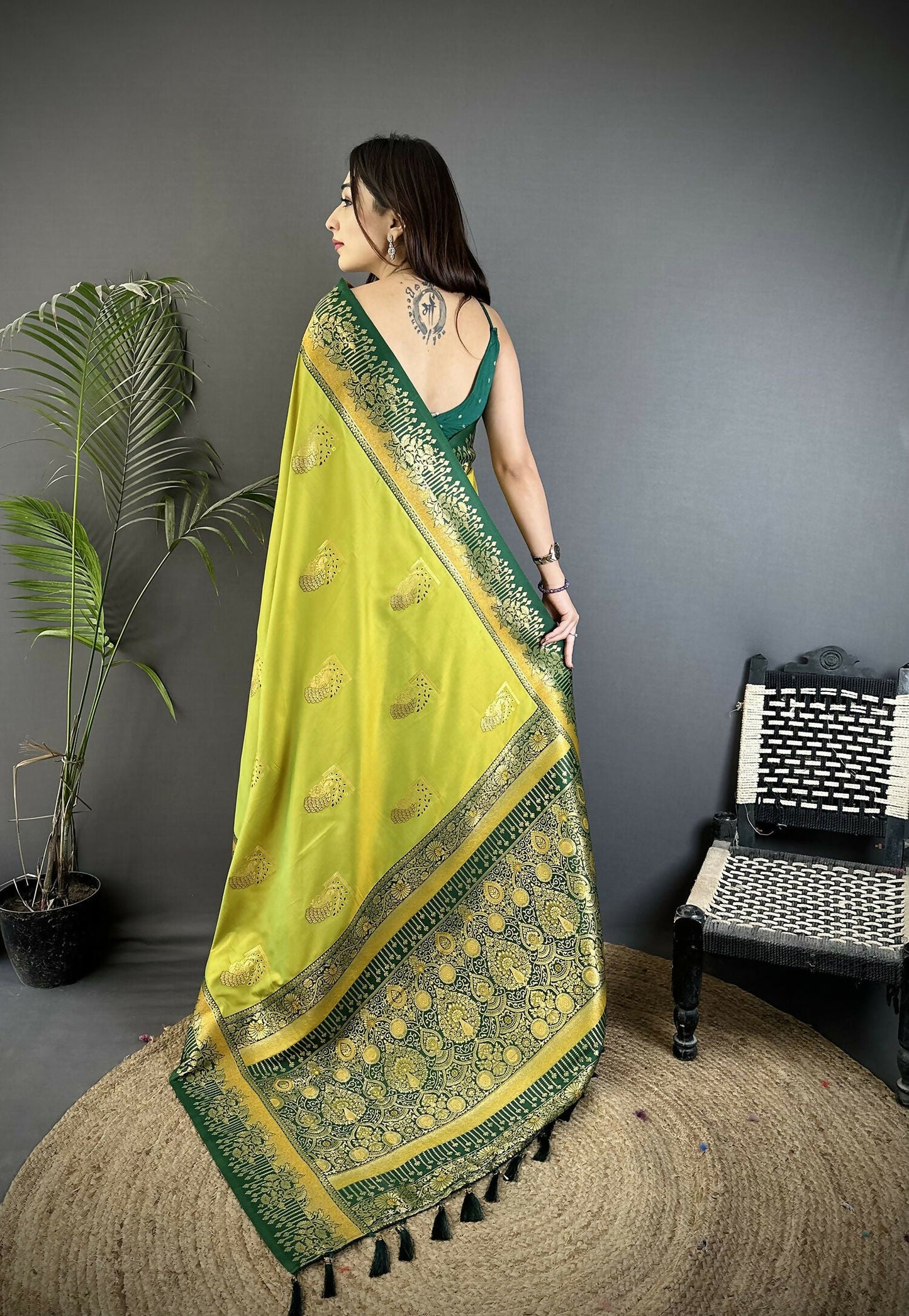 Joban Fashion Light Green Banarasi Soft Silk Peacock Butta Work Saree | Swadesiicart