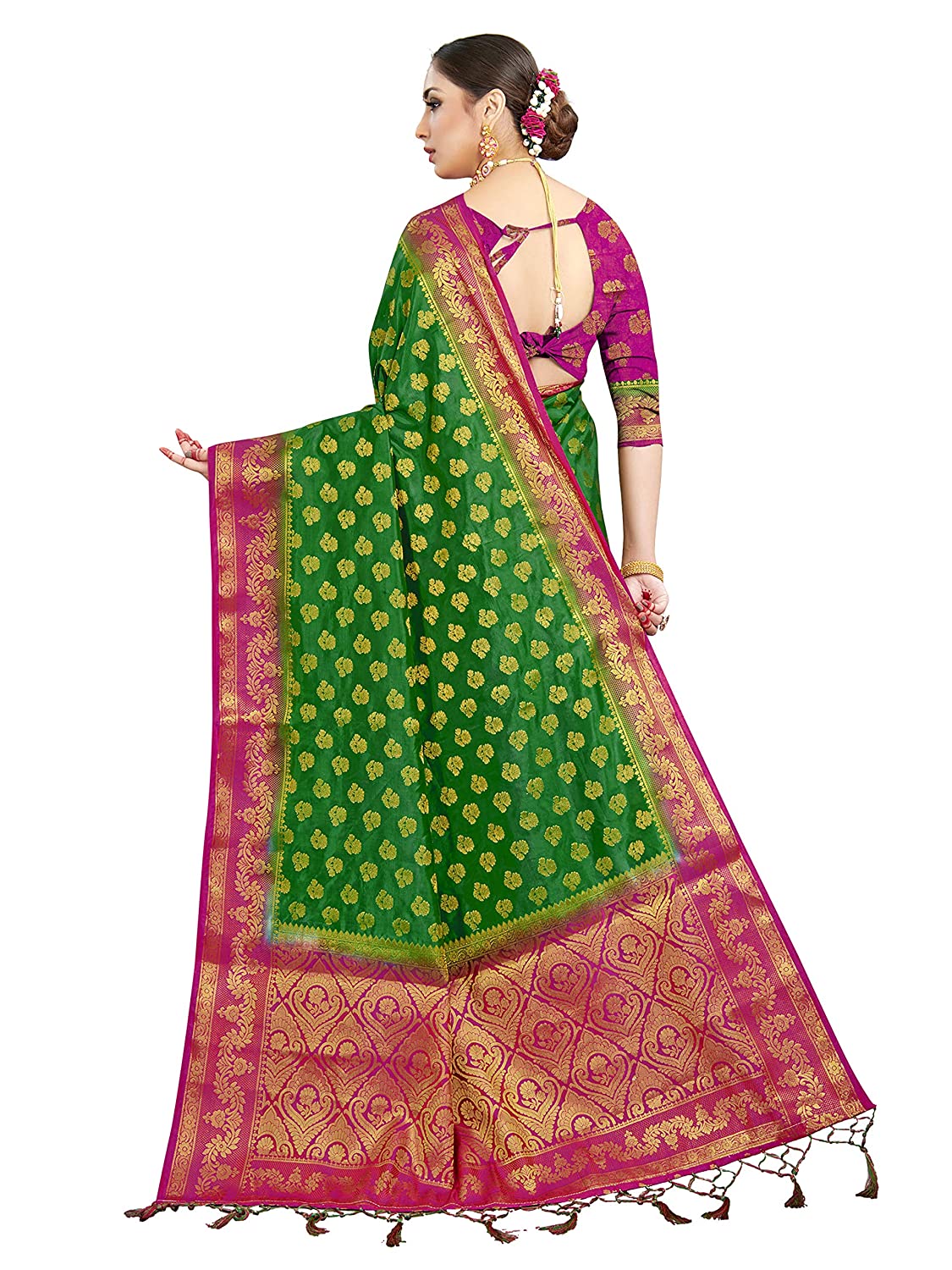 Vardha Women's Green Woven Raw Silk Banarasi Saree | Swadesiicart