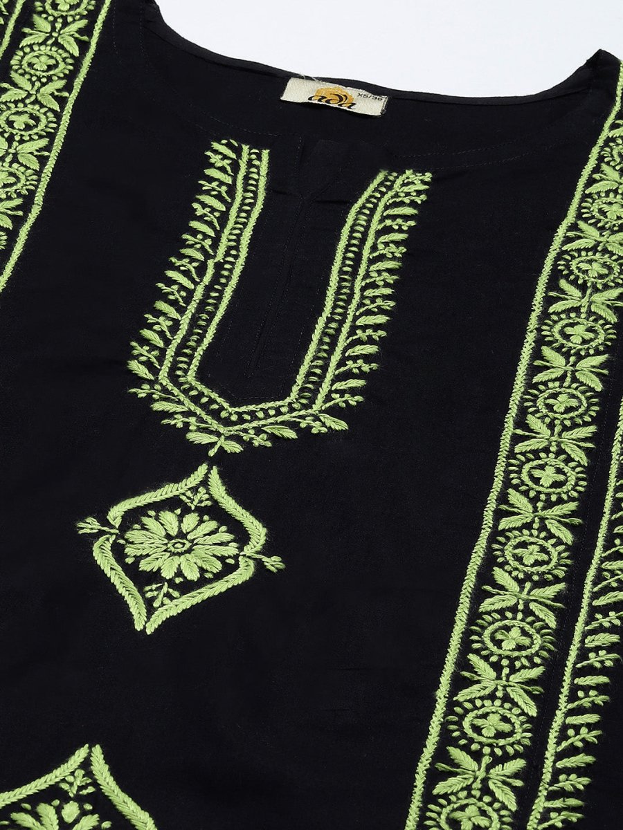 ADA Women Black & Green Ethnic Motifs Embroidered Chikankari Handloom Handloom Kurta | Swadesiicart