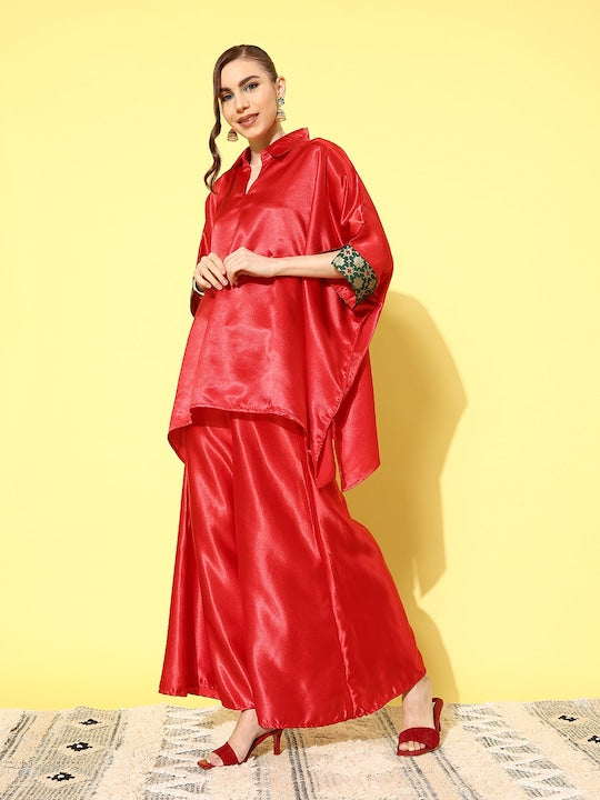 InWeave Women's Red Green Brocade Satin Boho Kurta Palazzo Set - Swadesiicart
