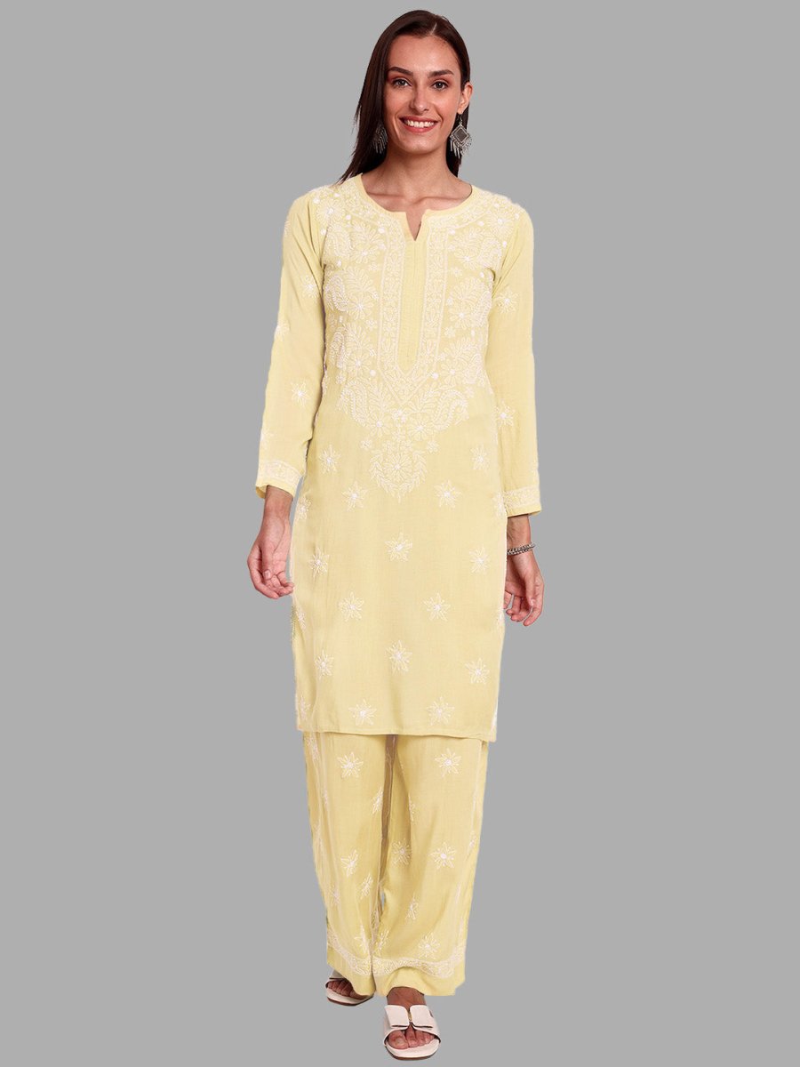 ADA Ethnic Motifs Embroidered Regular Chikankari Kurta with Palazzos | Swadesiicart