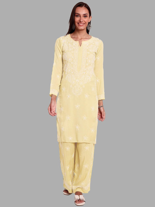 ADA Ethnic Motifs Embroidered Regular Chikankari Kurta with Palazzos | Swadesiicart