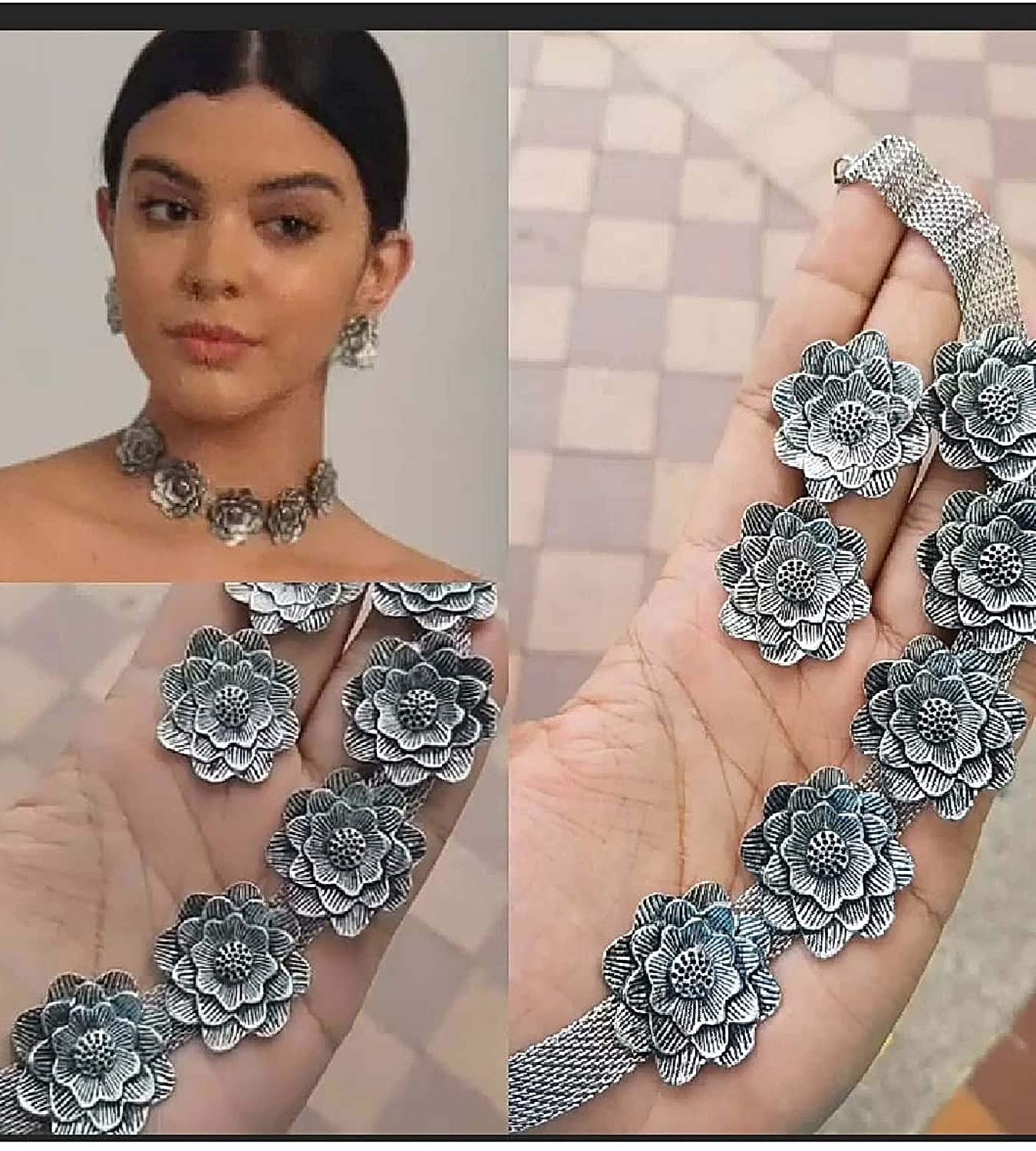 Silver-Plated Alloy Oxidised Rose Shape Necklace - The Pari | Swadesiicart