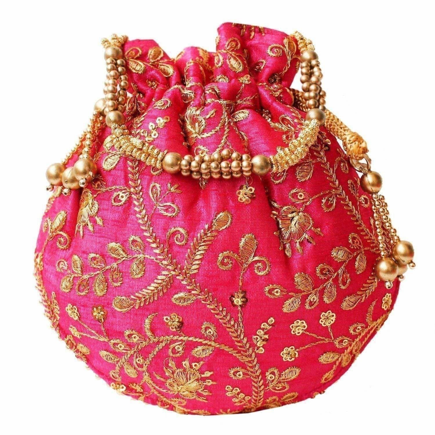 Ethnic Clutch Silk Potli Batwa Pouch Bag with Metal Bead work Gift - Swadesiicart