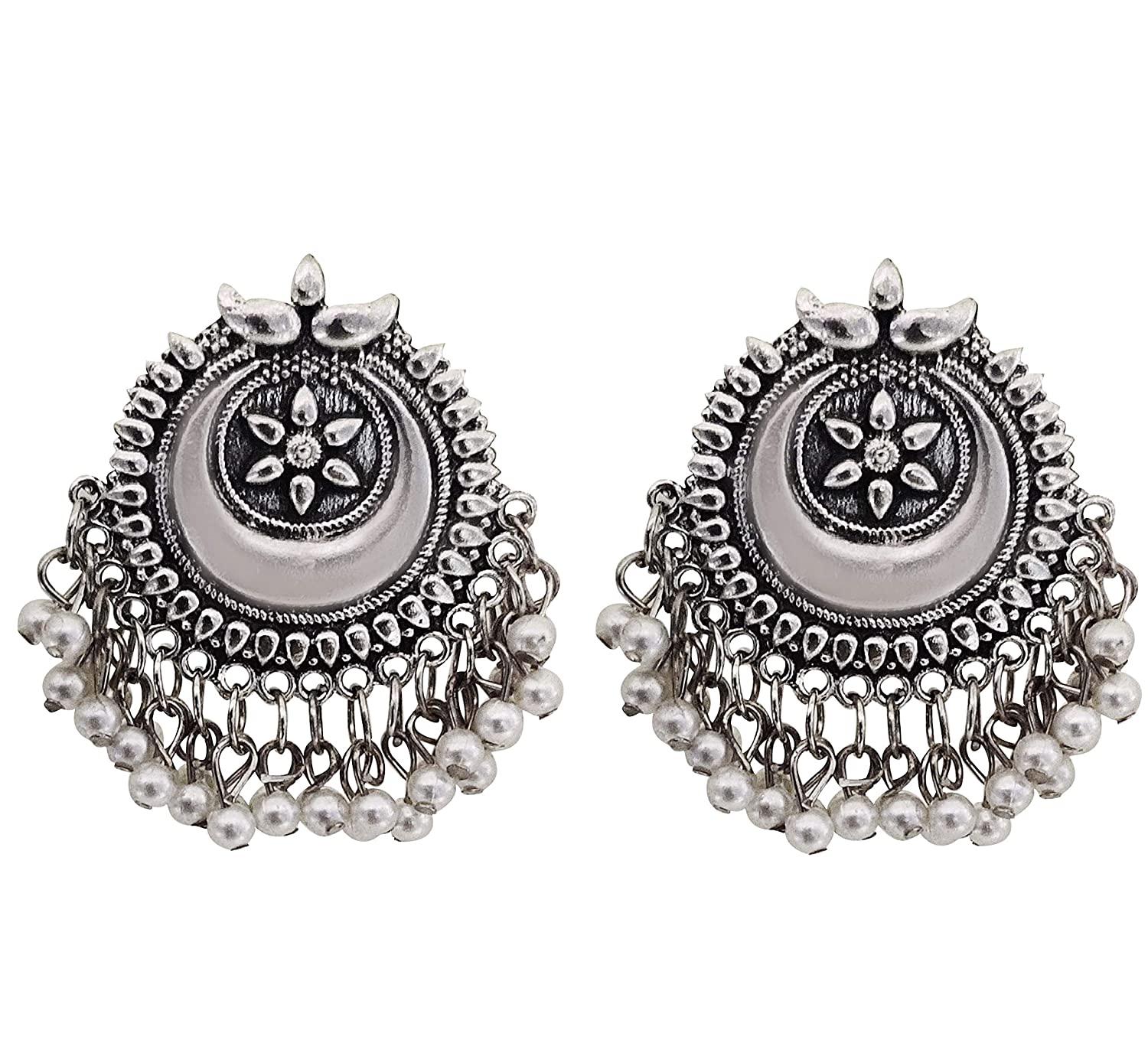 Silver-Plated Alloy Long Half Moon Oxidised Necklace - The Pari | Swadesiicart