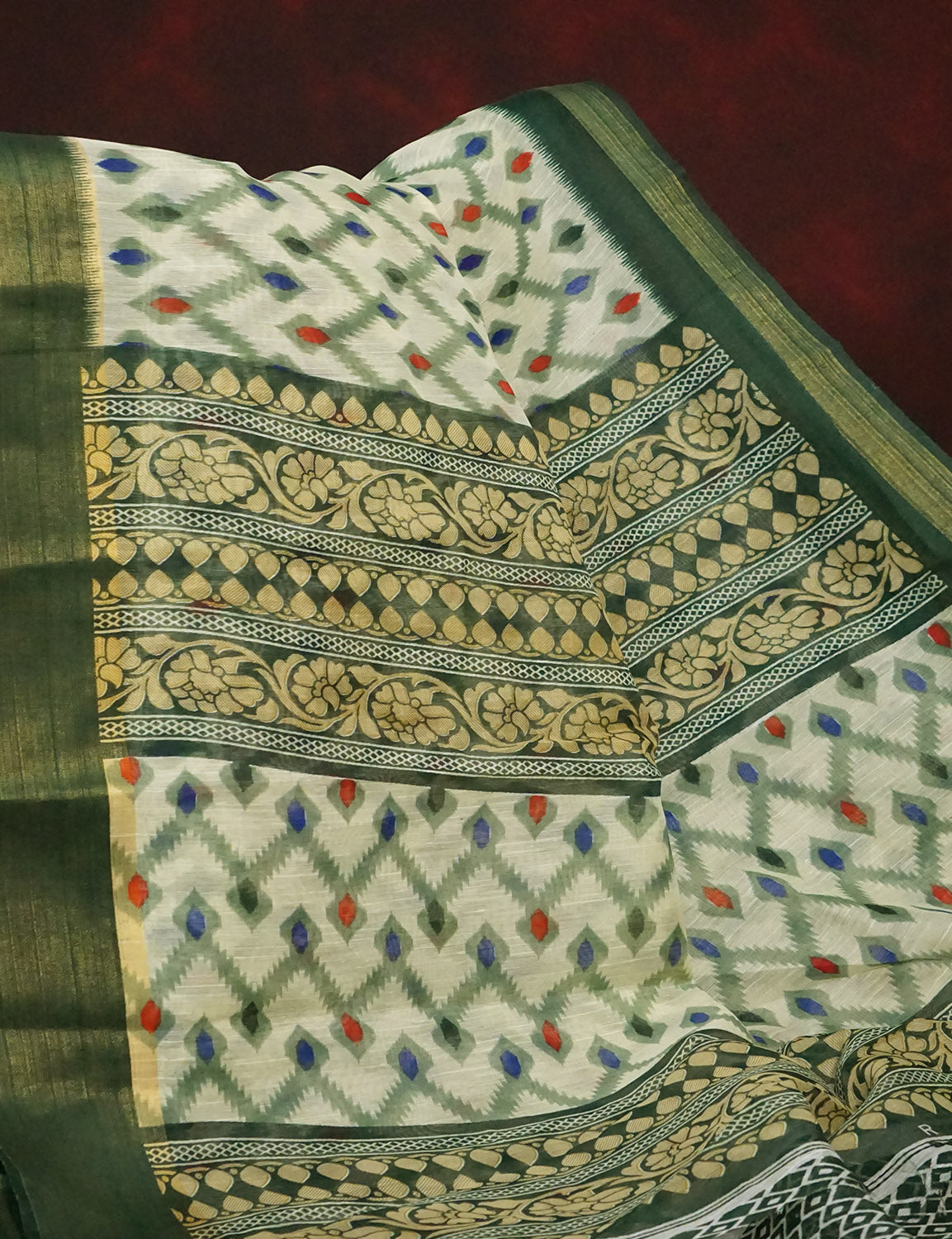 Half White And Parrot Green Colour Ikat Design Semi Chanderi Saree By Gayathri Reddy Designer Studio | Swadesiicart