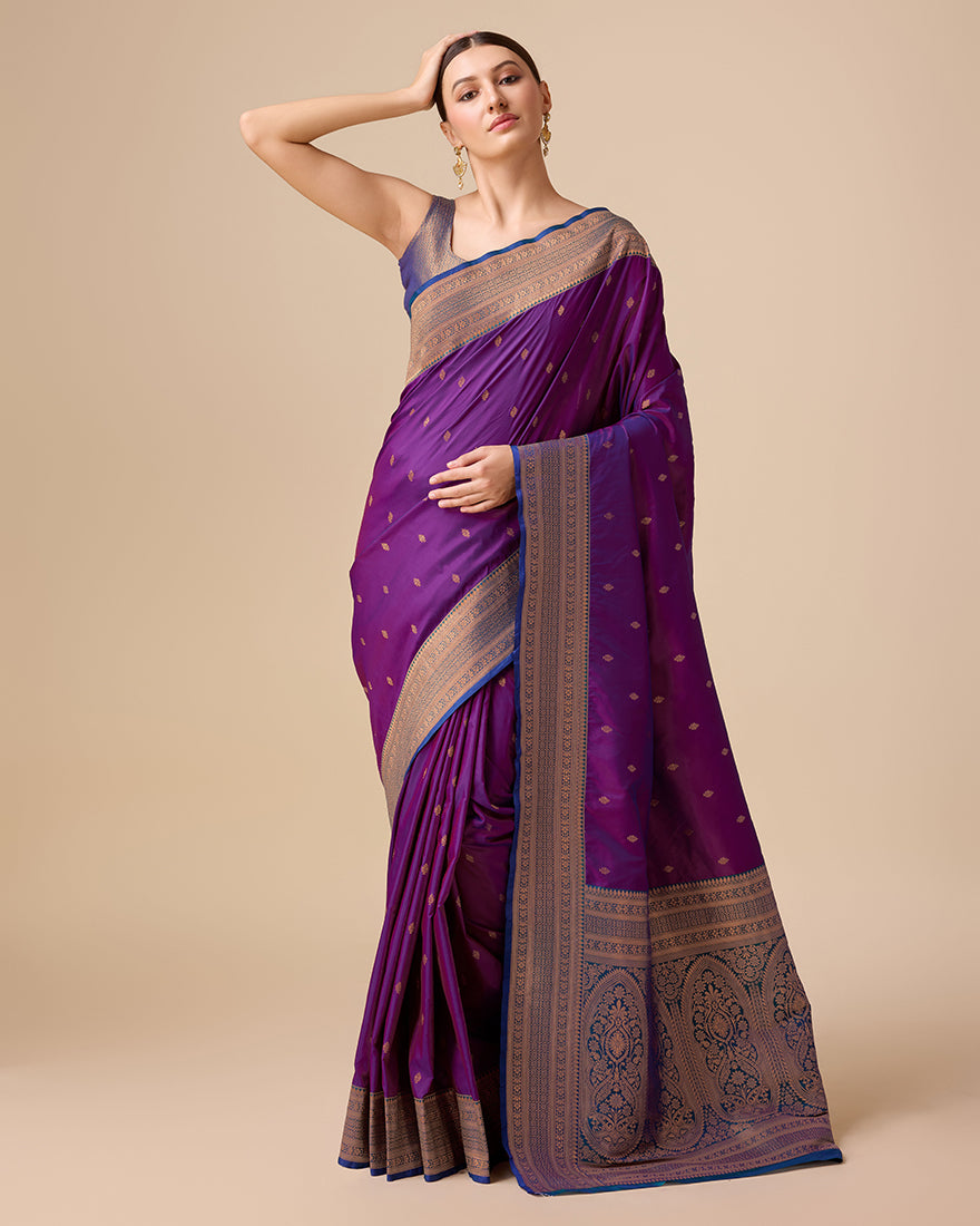 Monjolika Fashion Elegant Dark Purple Banarasi With Intricate Zari Work With Rich Brocade Patterns Silk Saree | Swadesiicart