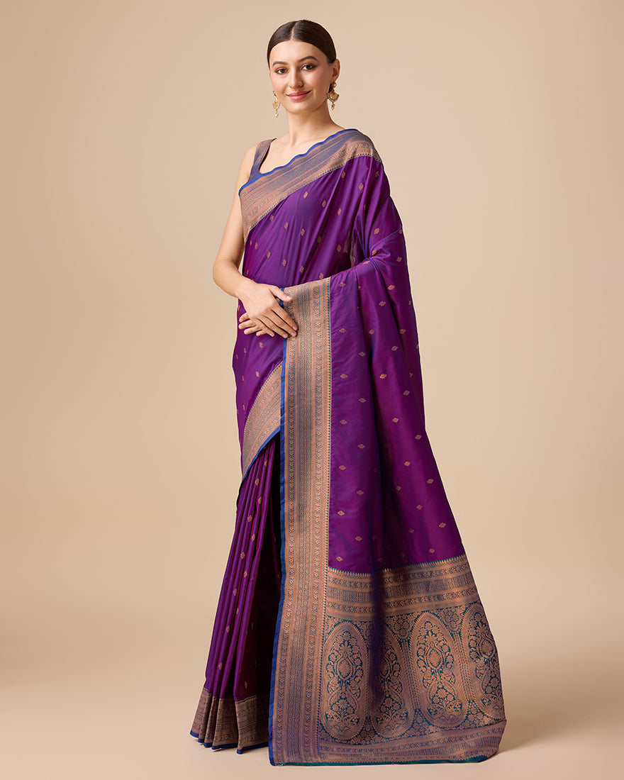 Monjolika Fashion Elegant Dark Purple Banarasi With Intricate Zari Work With Rich Brocade Patterns Silk Saree | Swadesiicart
