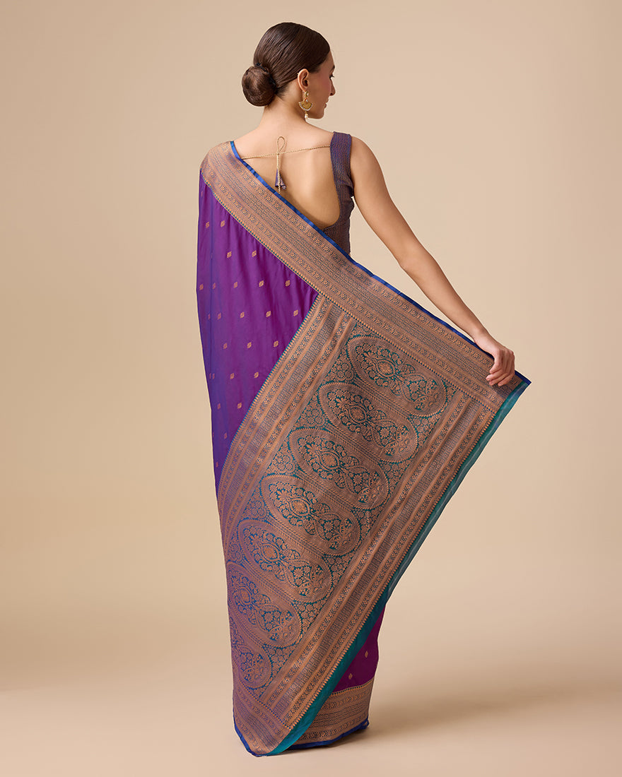 Monjolika Fashion Elegant Dark Purple Banarasi With Intricate Zari Work With Rich Brocade Patterns Silk Saree | Swadesiicart