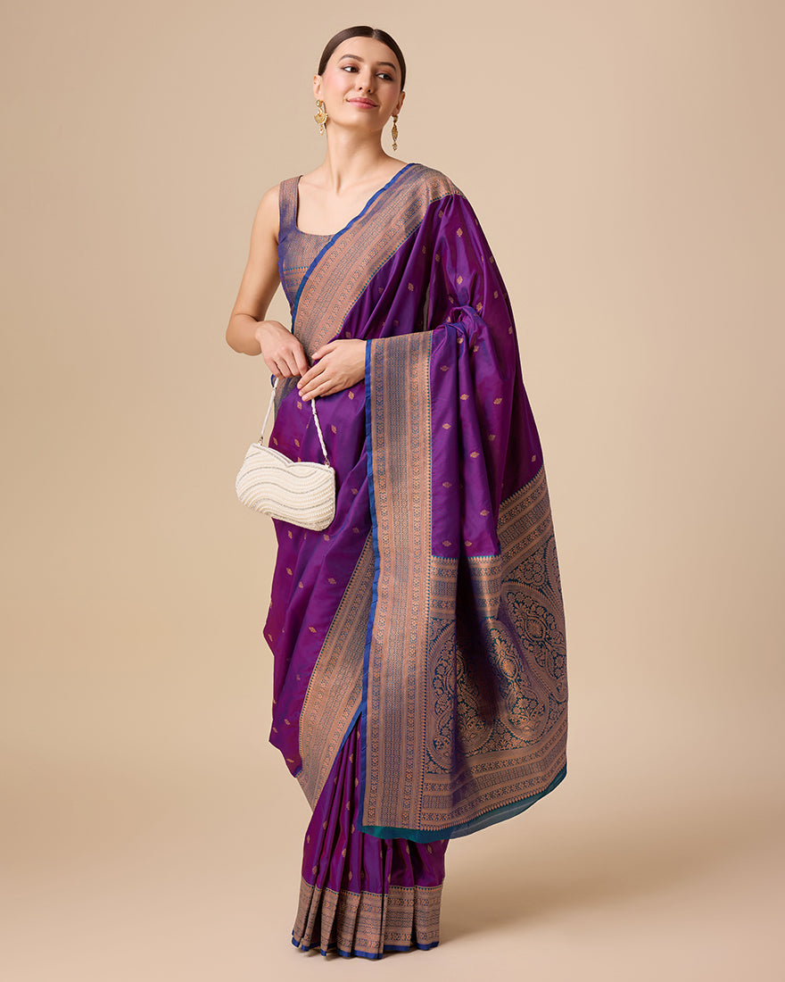 Monjolika Fashion Elegant Dark Purple Banarasi With Intricate Zari Work With Rich Brocade Patterns Silk Saree | Swadesiicart
