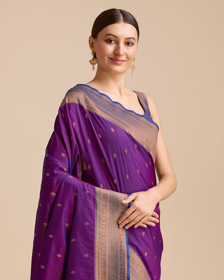 Monjolika Fashion Elegant Dark Purple Banarasi With Intricate Zari Work With Rich Brocade Patterns Silk Saree | Swadesiicart