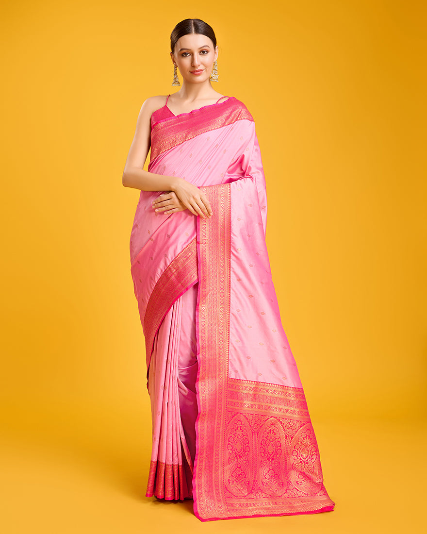 Monjolika Fashion Elegant Light Pink Banarasi With Intricate Zari Work With Rich Brocade Patterns Silk Saree | Swadesiicart