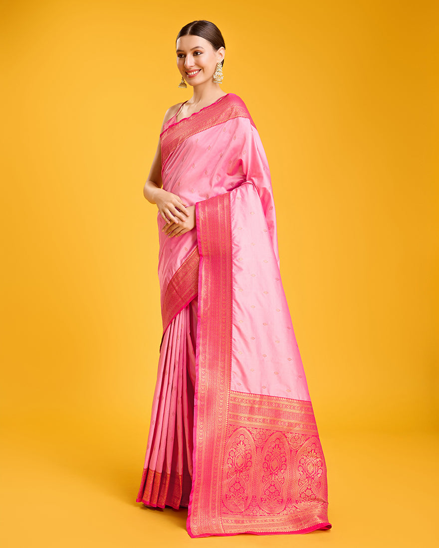 Monjolika Fashion Elegant Light Pink Banarasi With Intricate Zari Work With Rich Brocade Patterns Silk Saree | Swadesiicart