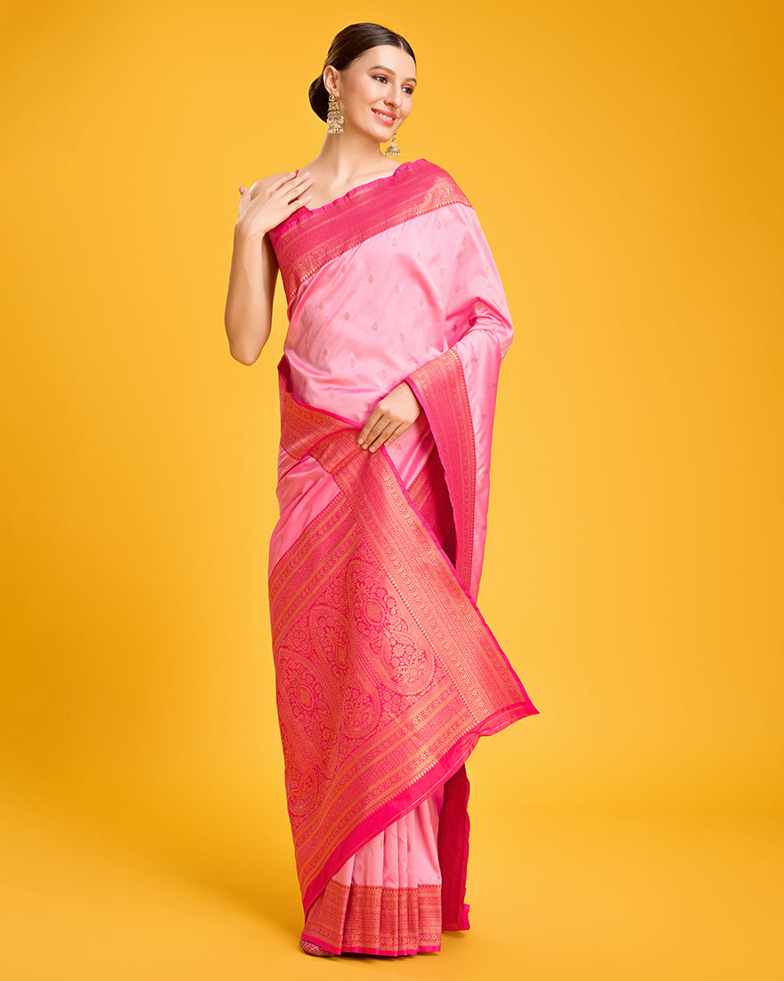 Monjolika Fashion Elegant Light Pink Banarasi With Intricate Zari Work With Rich Brocade Patterns Silk Saree | Swadesiicart