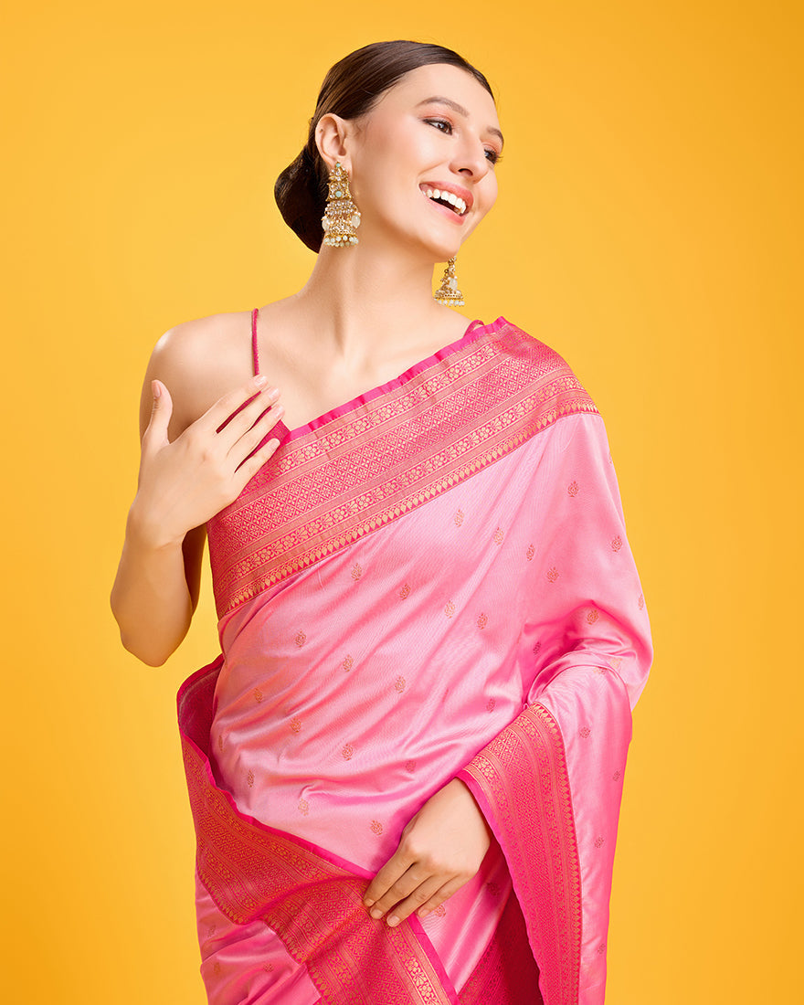Monjolika Fashion Elegant Light Pink Banarasi With Intricate Zari Work With Rich Brocade Patterns Silk Saree | Swadesiicart