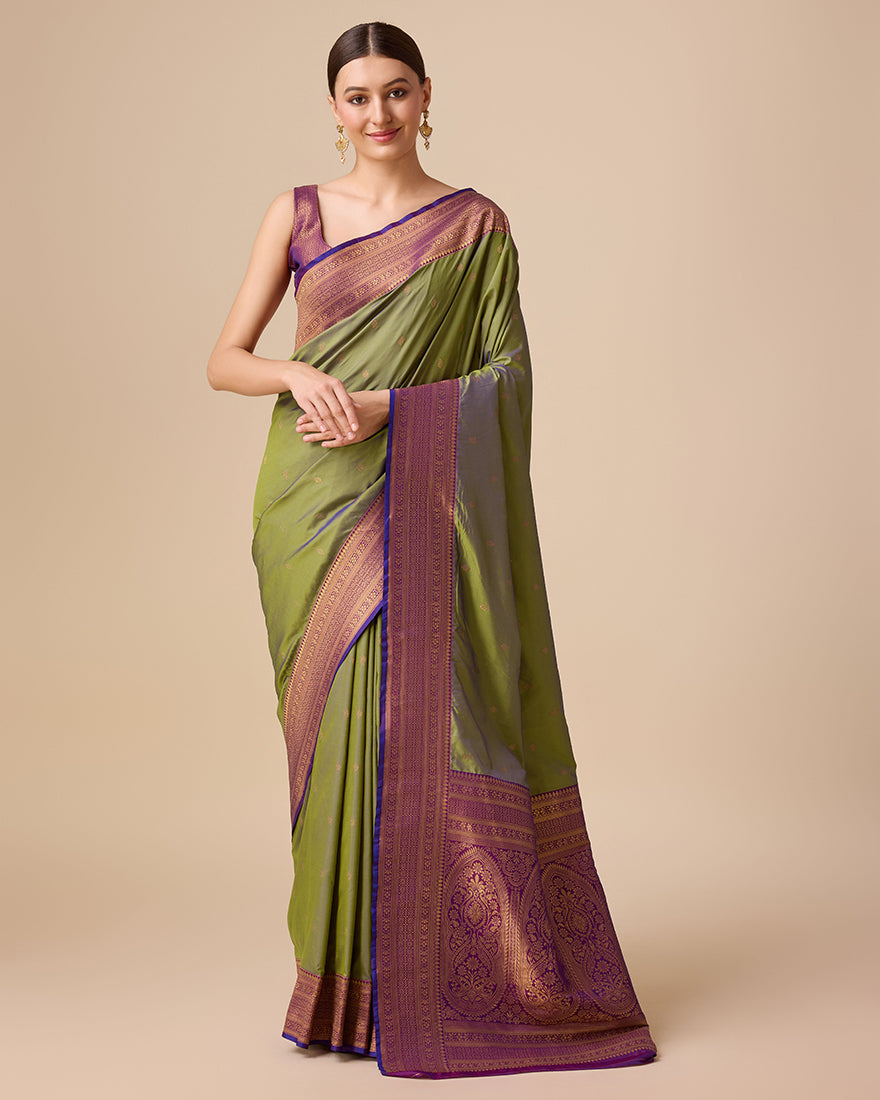 Monjolika Fashion Elegant Olive Green Banarasi With Intricate Zari Work With Rich Brocade Patterns Silk Saree | Swadesiicart