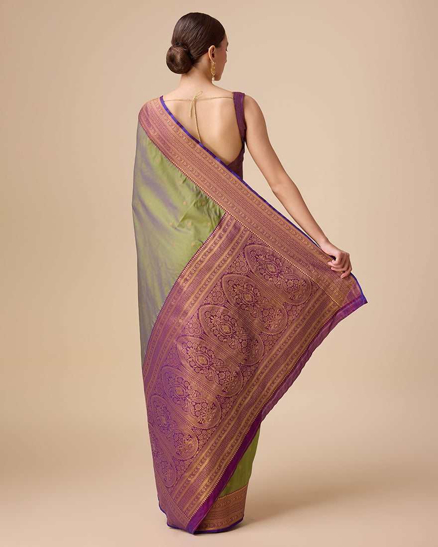 Monjolika Fashion Elegant Olive Green Banarasi With Intricate Zari Work With Rich Brocade Patterns Silk Saree | Swadesiicart