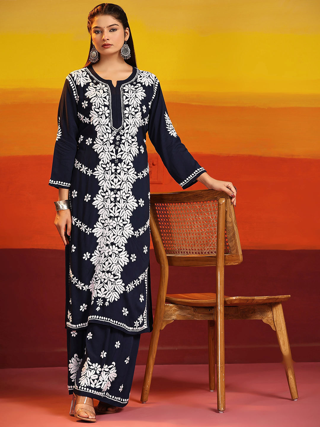 HOUSE OF KARI Ethnic Motifs Embroidered Chikankari Cotton Kurta & Palazzos | Swadesiicart